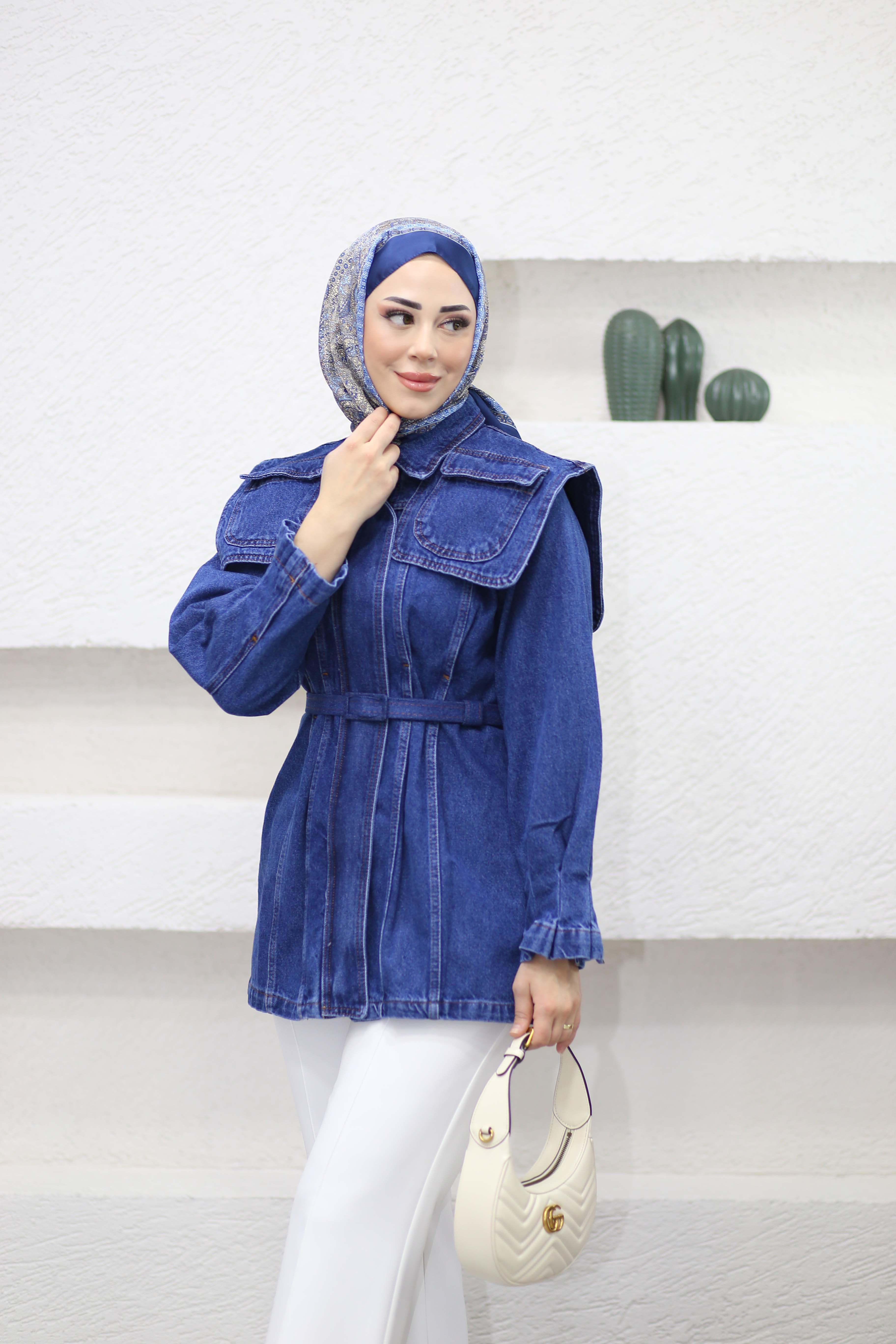 Tasarım Detaylı Denim Ceket Koyu Mavi 1143