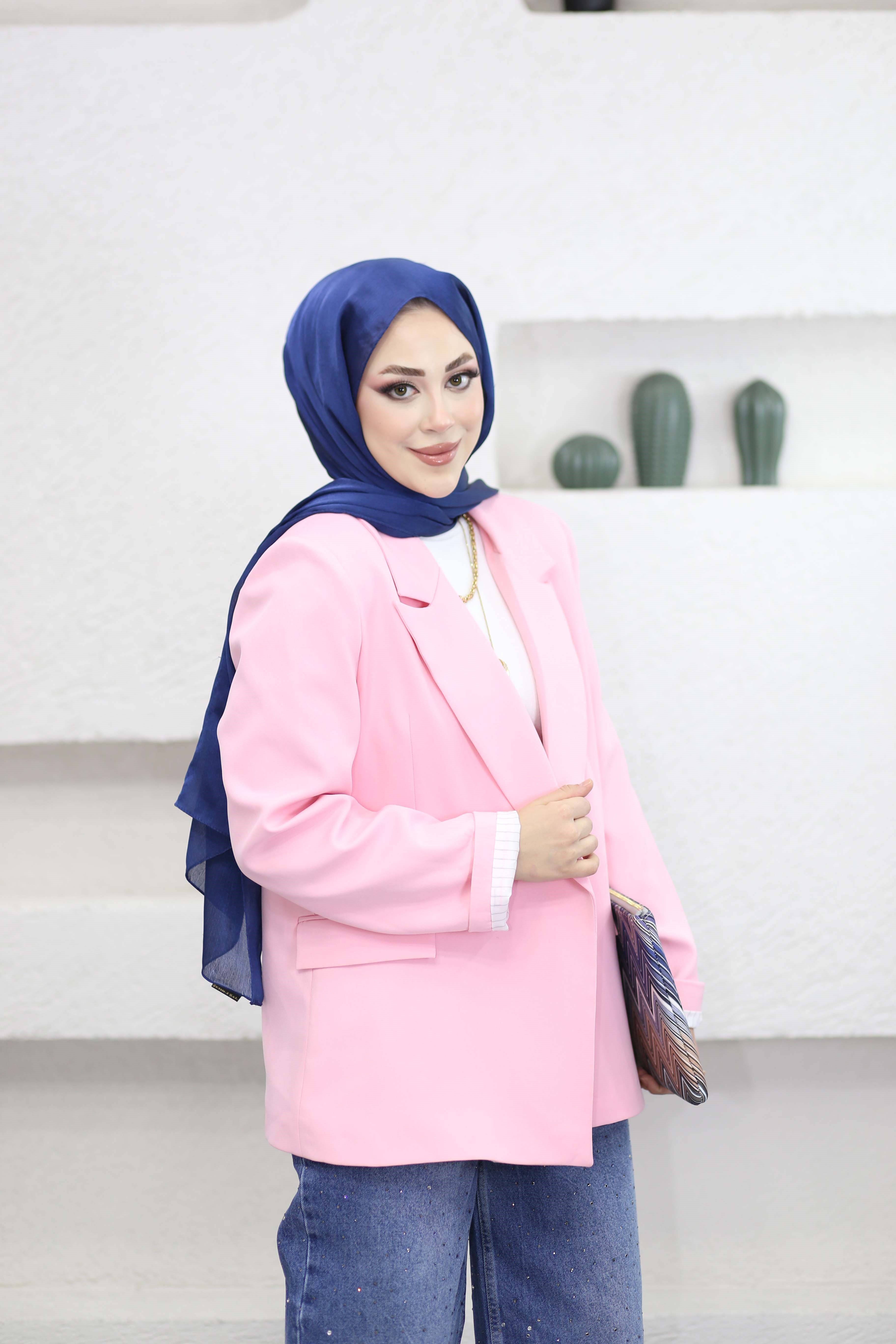 Düğmesiz Dabıl Ceket Şeker Pembe 6009