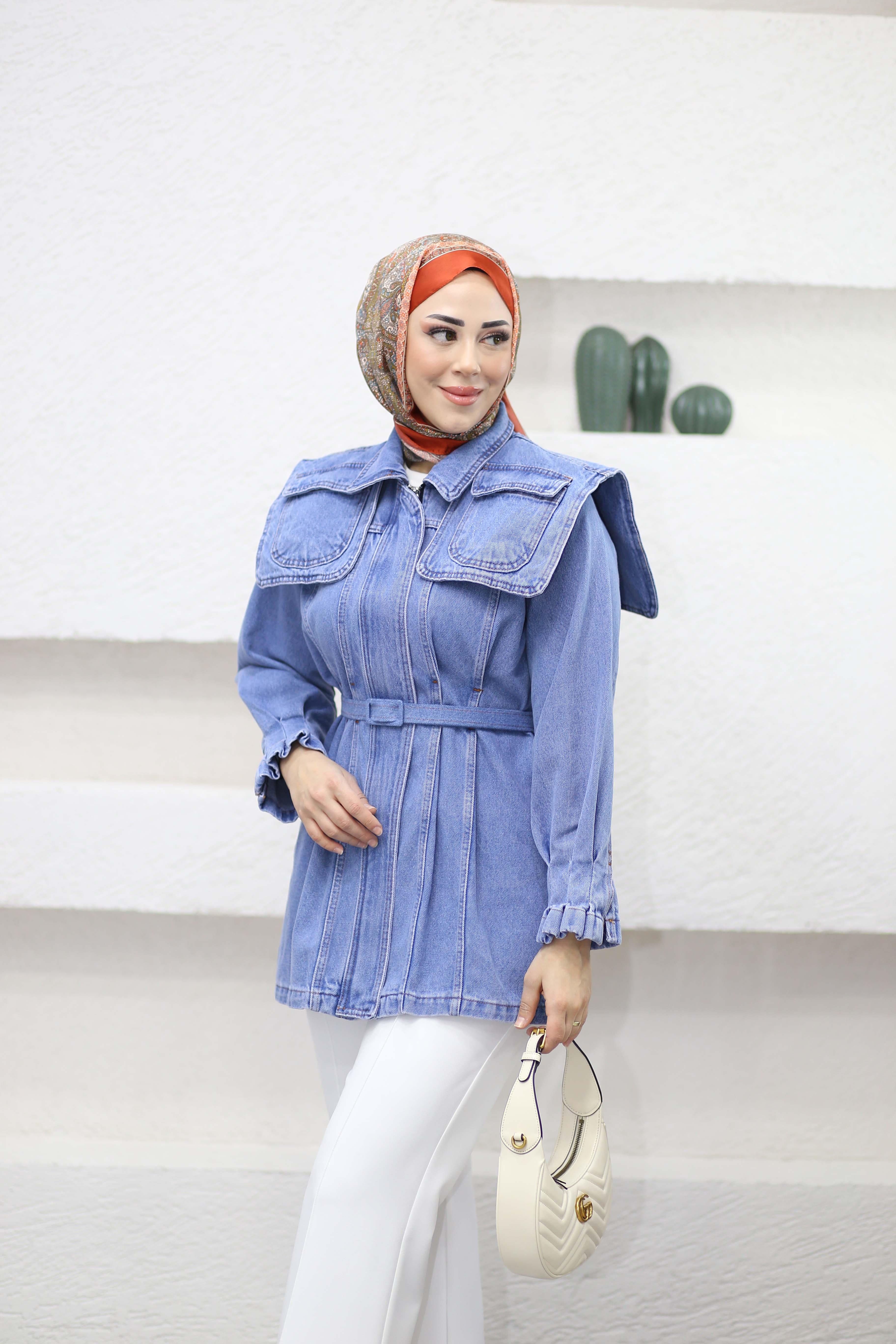 Tasarım Detaylı Denim Ceket Açık Mavi 1143