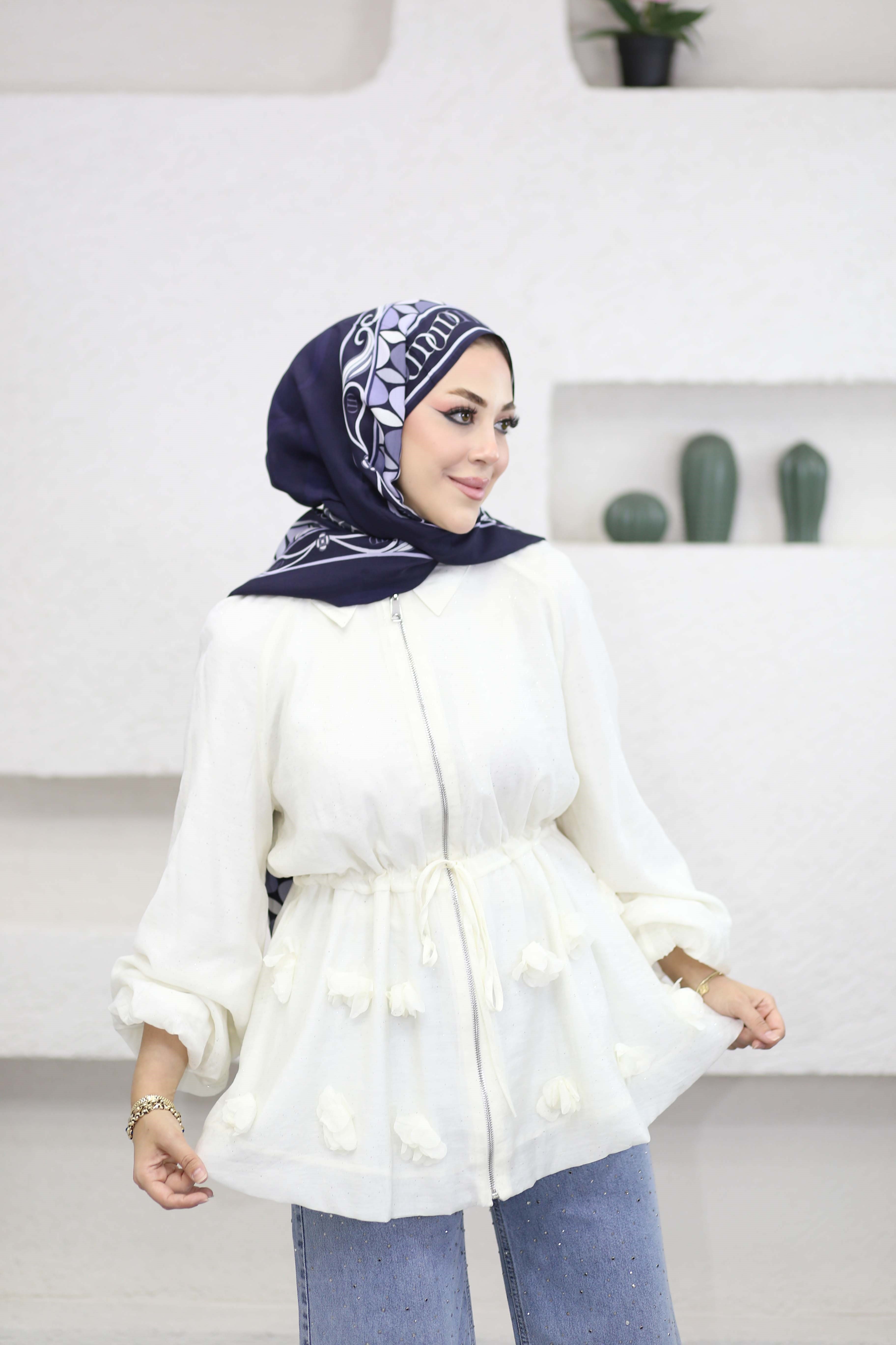 Simli Tencel Balon Ceket Beyaz 26043