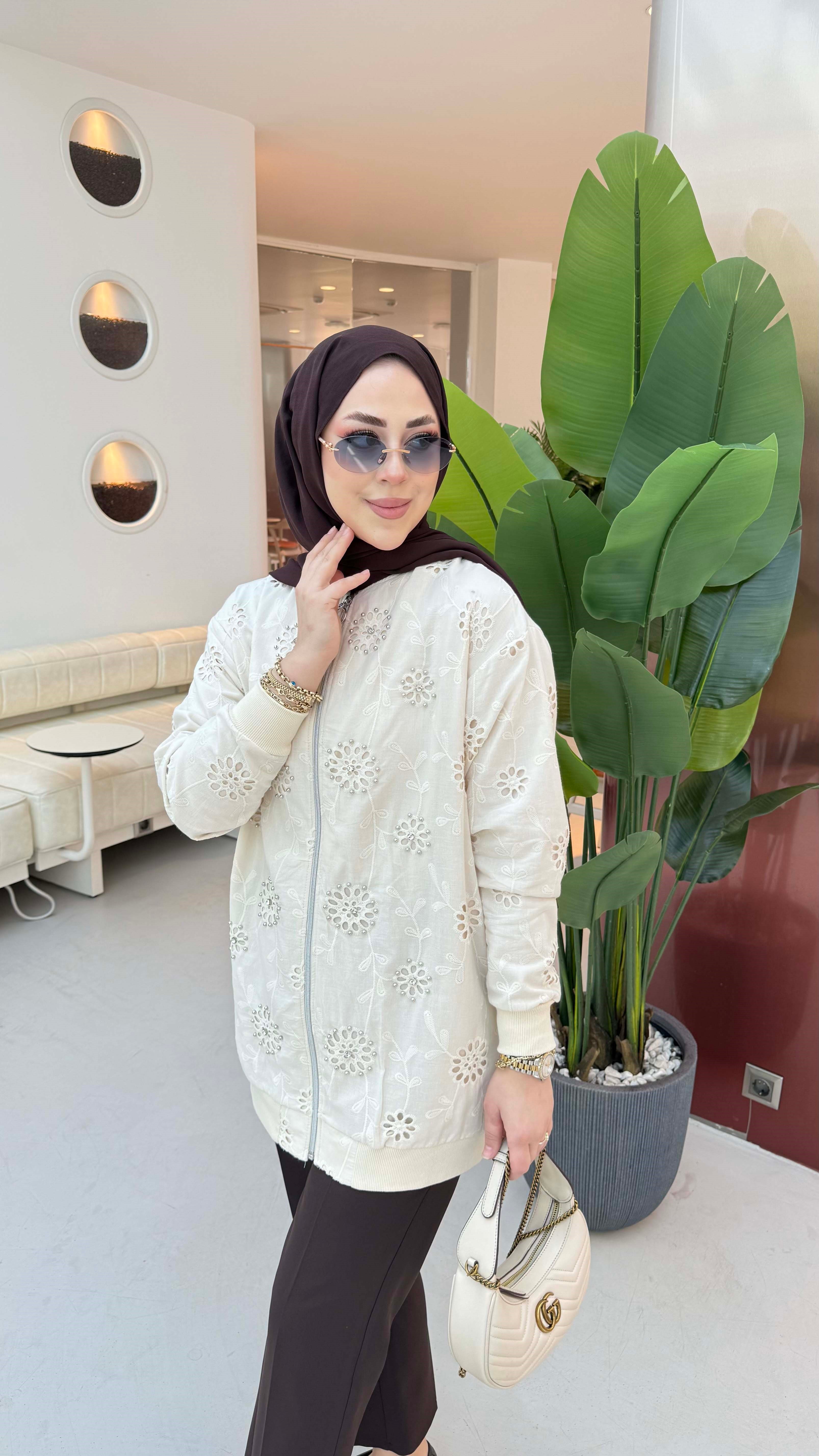 Lazer Kesim Bomber Ceket Bej 2000