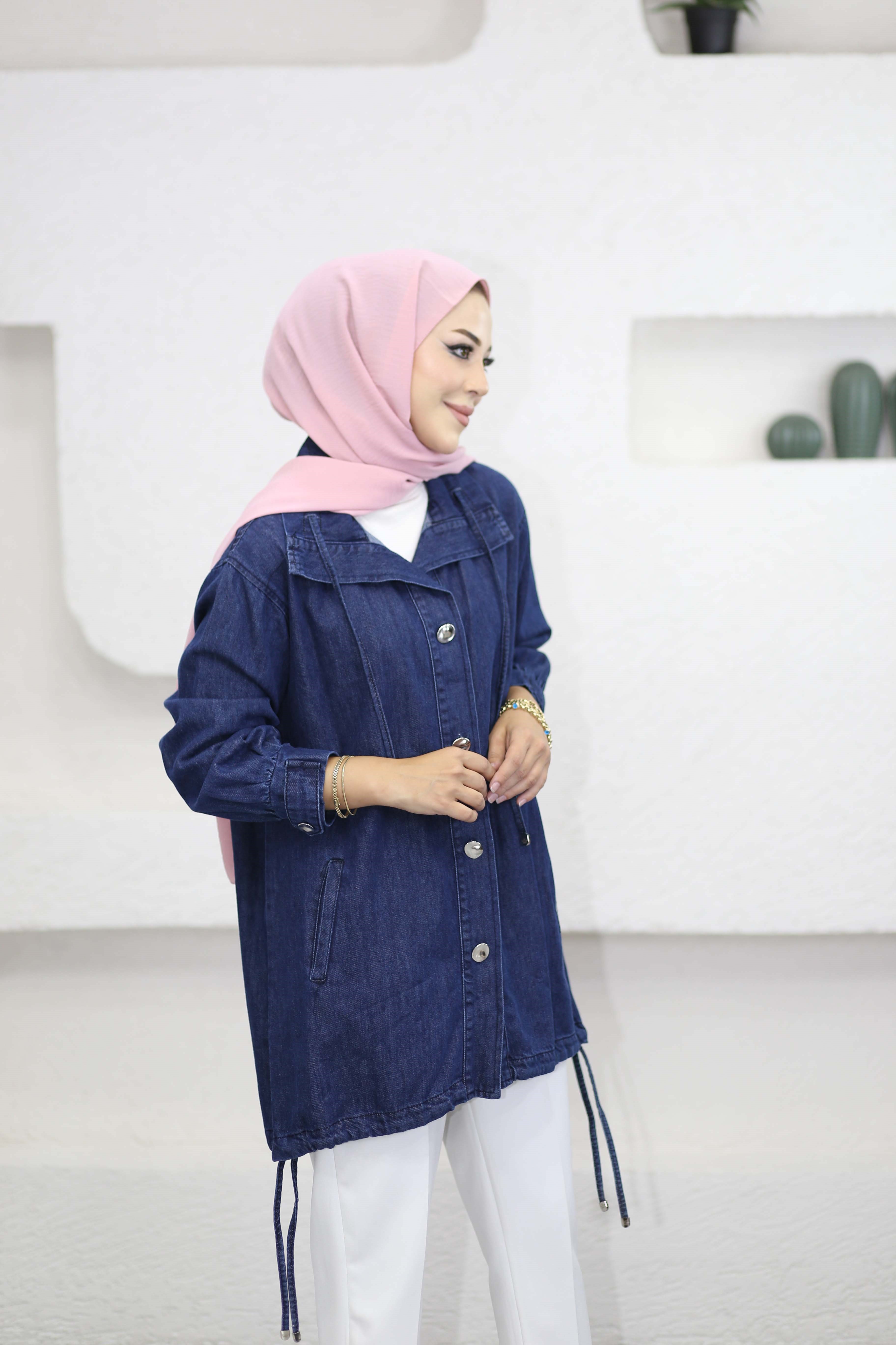 Metal Düğmeli Denim Ceket Koyu Mavi 7564
