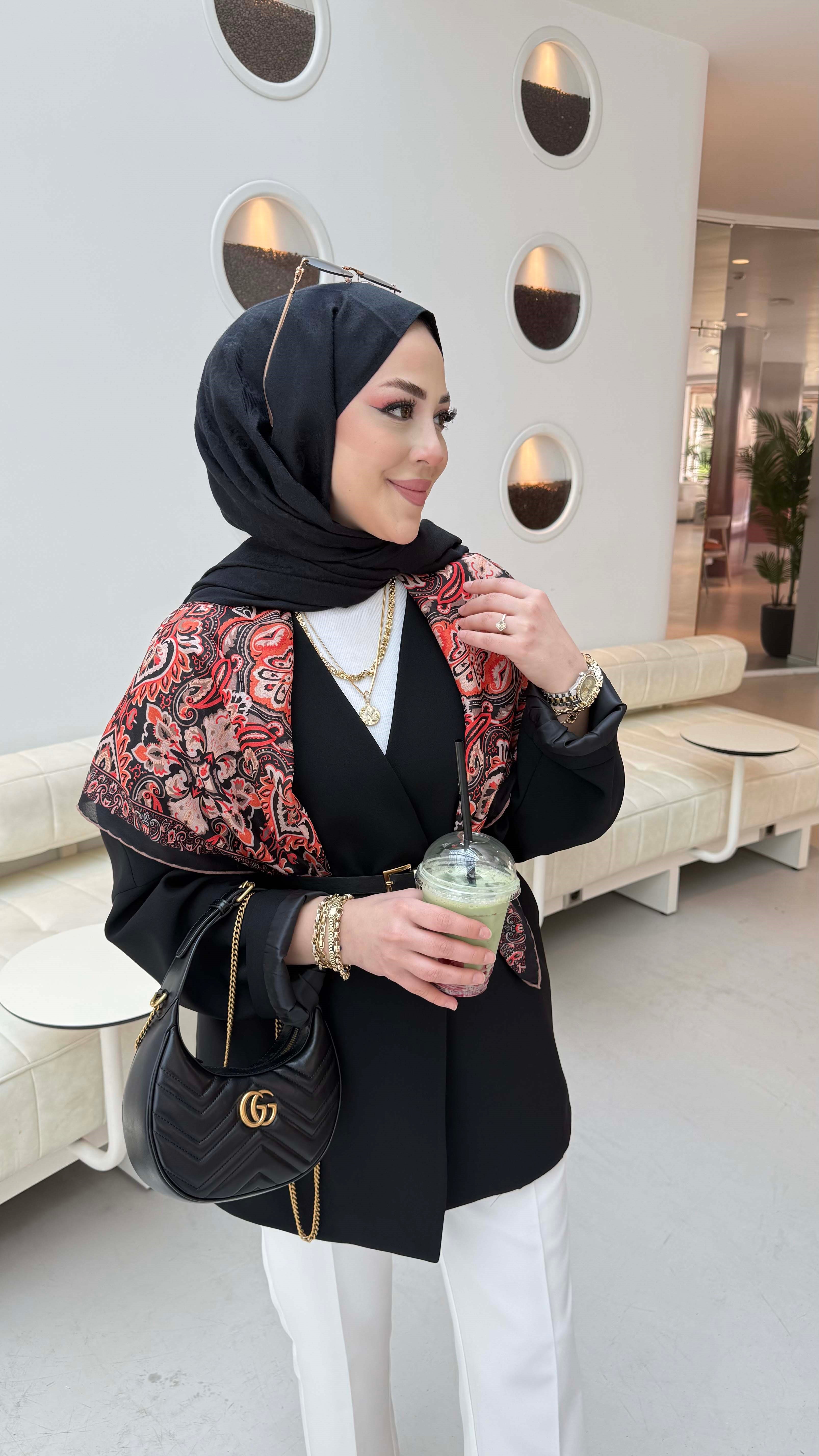 Yakasız Kemer Detaylı Ceket Siyah 1214