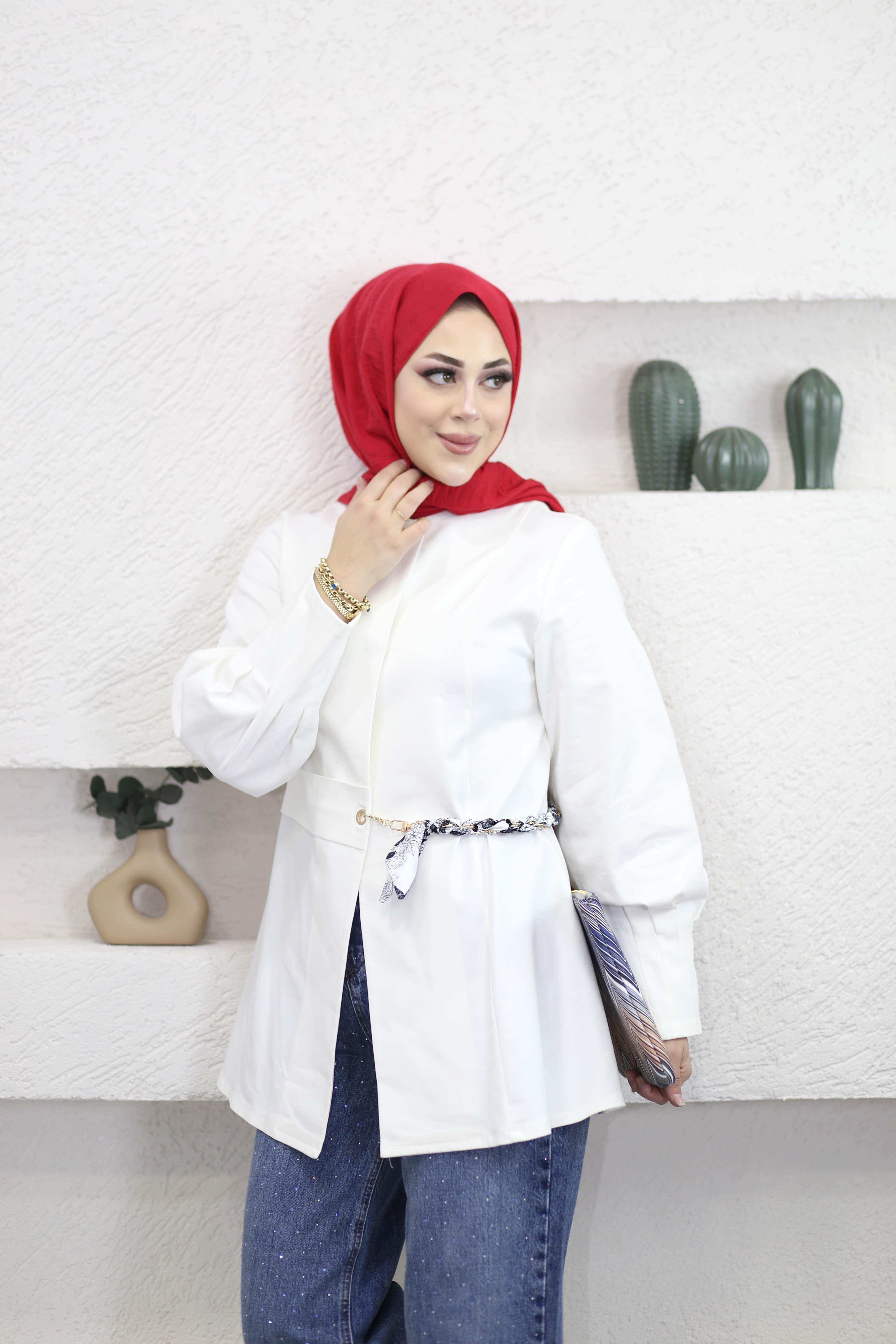 Fular kemer Detaylı Ceket Ekru 26029