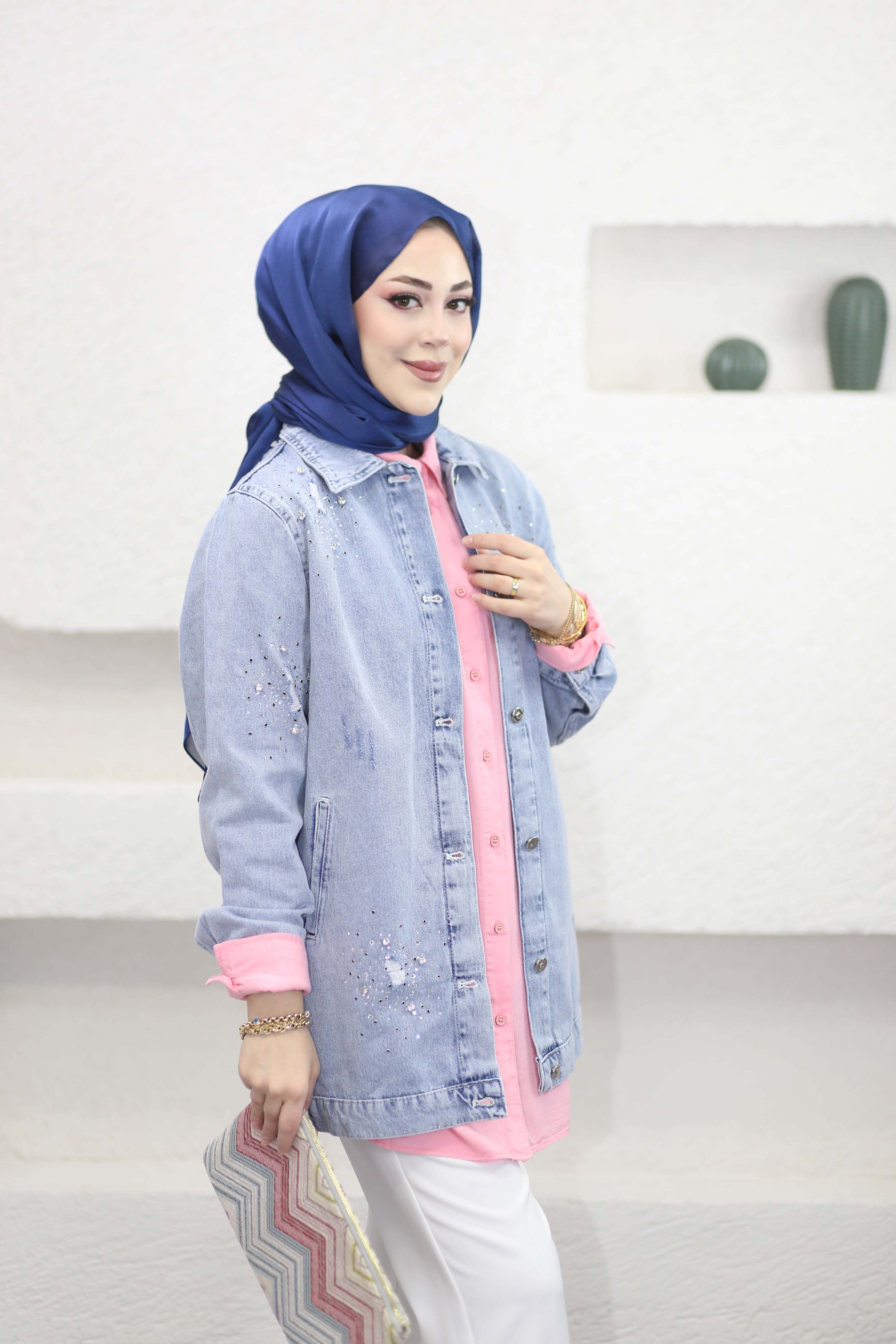 Taşlı Denim Ceket Mavi 16280