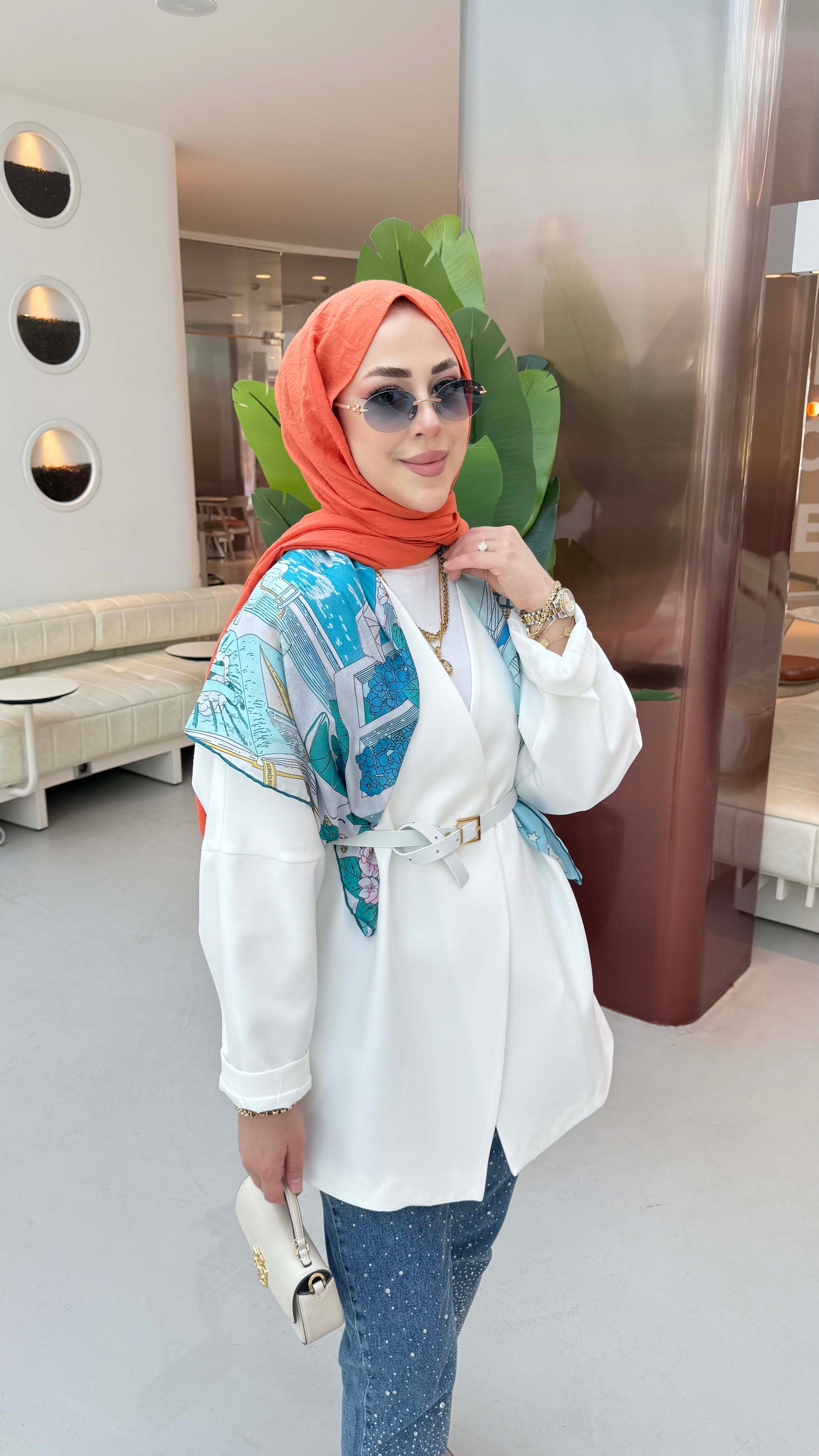 Yakasız Kemer Detaylı Ceket Beyaz 1214