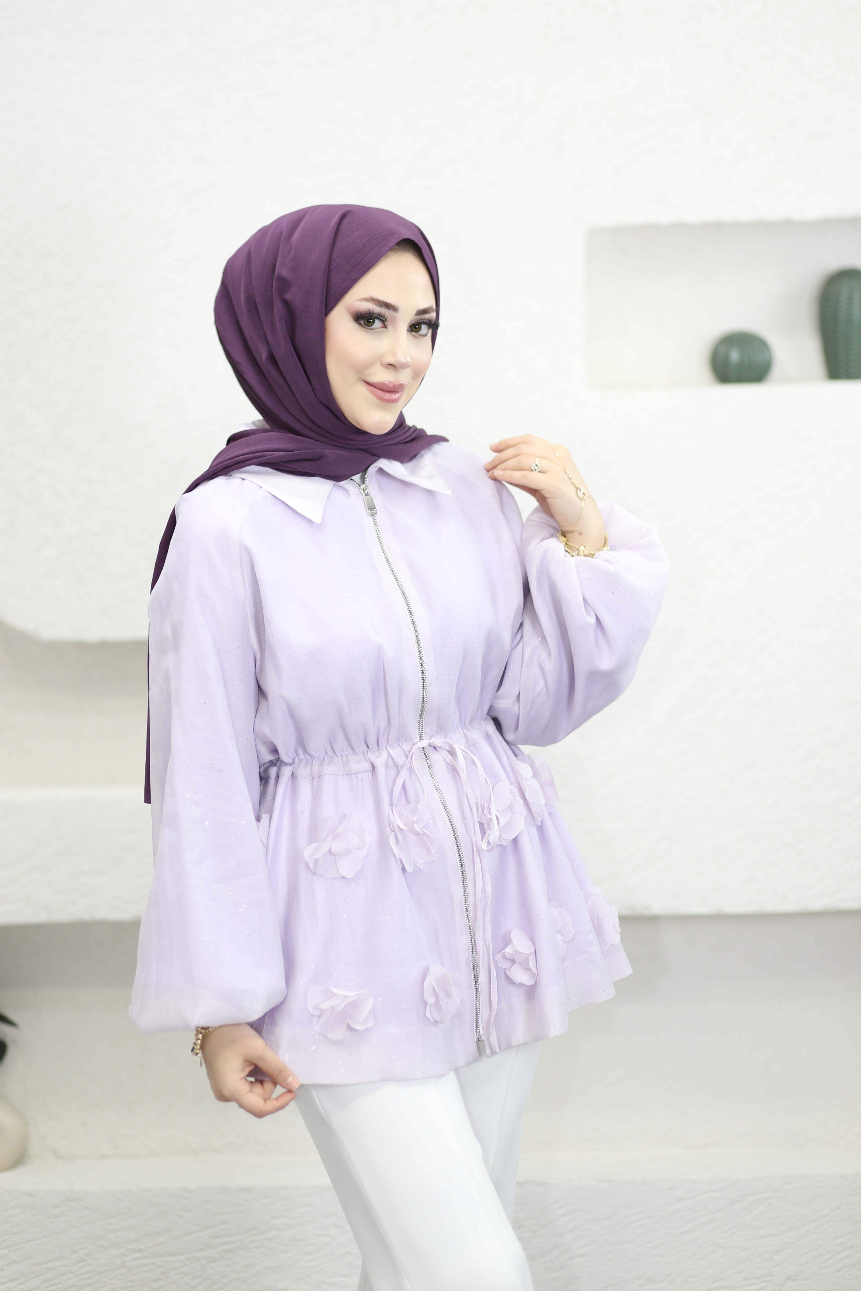 Simli Tencel Balon Ceket Lila 26043