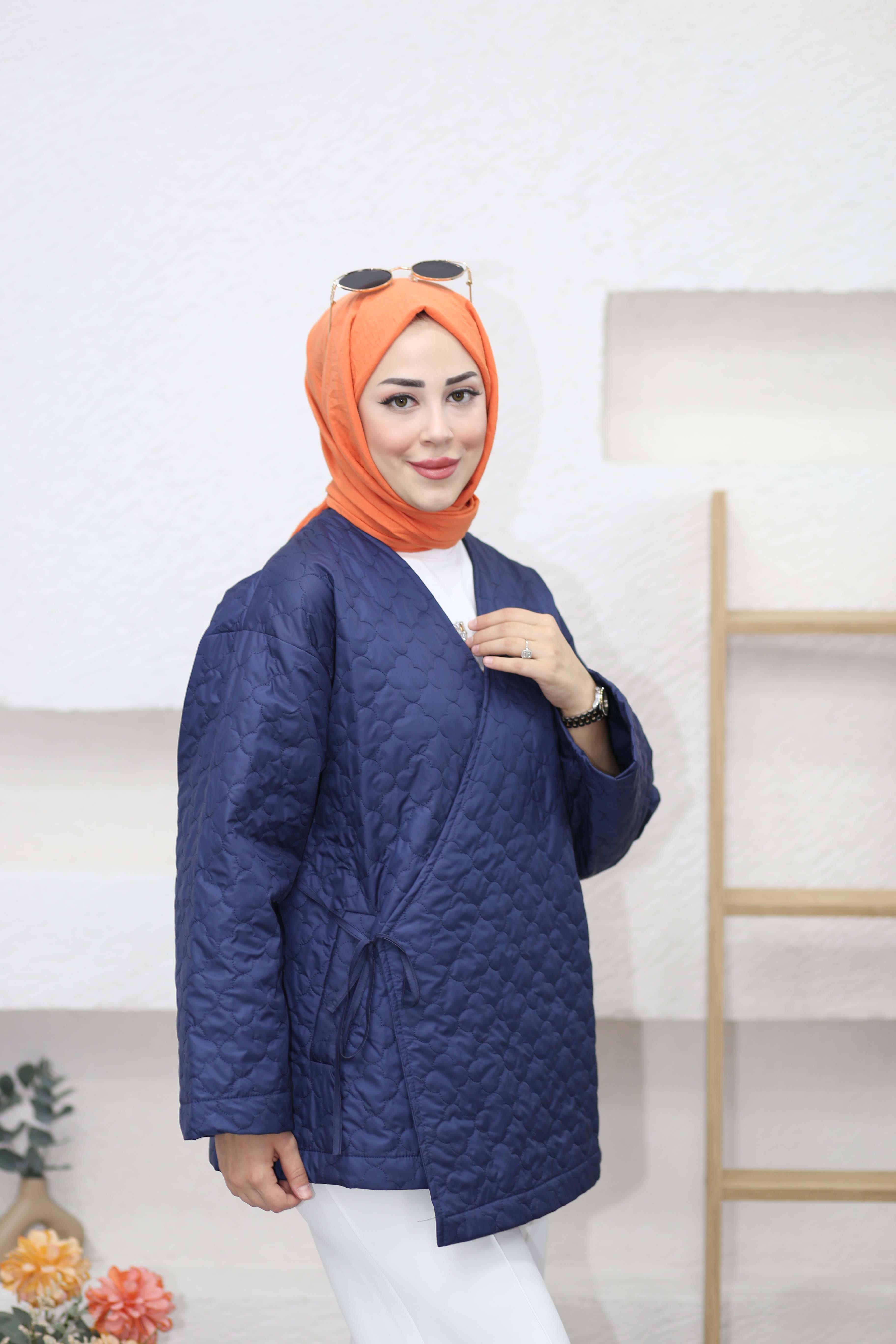 Çiçekli Kapitone Ceket Lacivert 25043