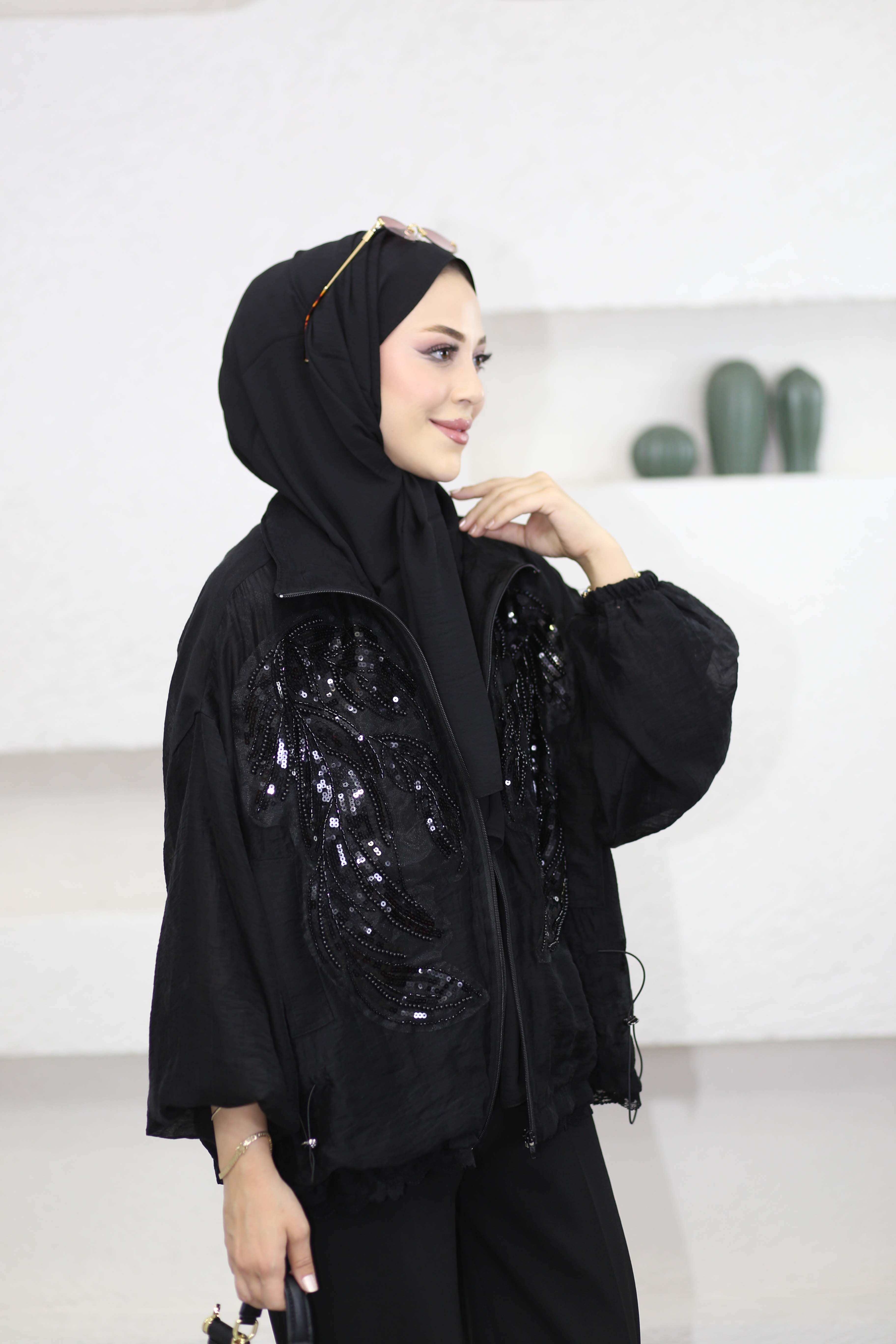 Nakışlı Dik Yaka Ceket Siyah 9773