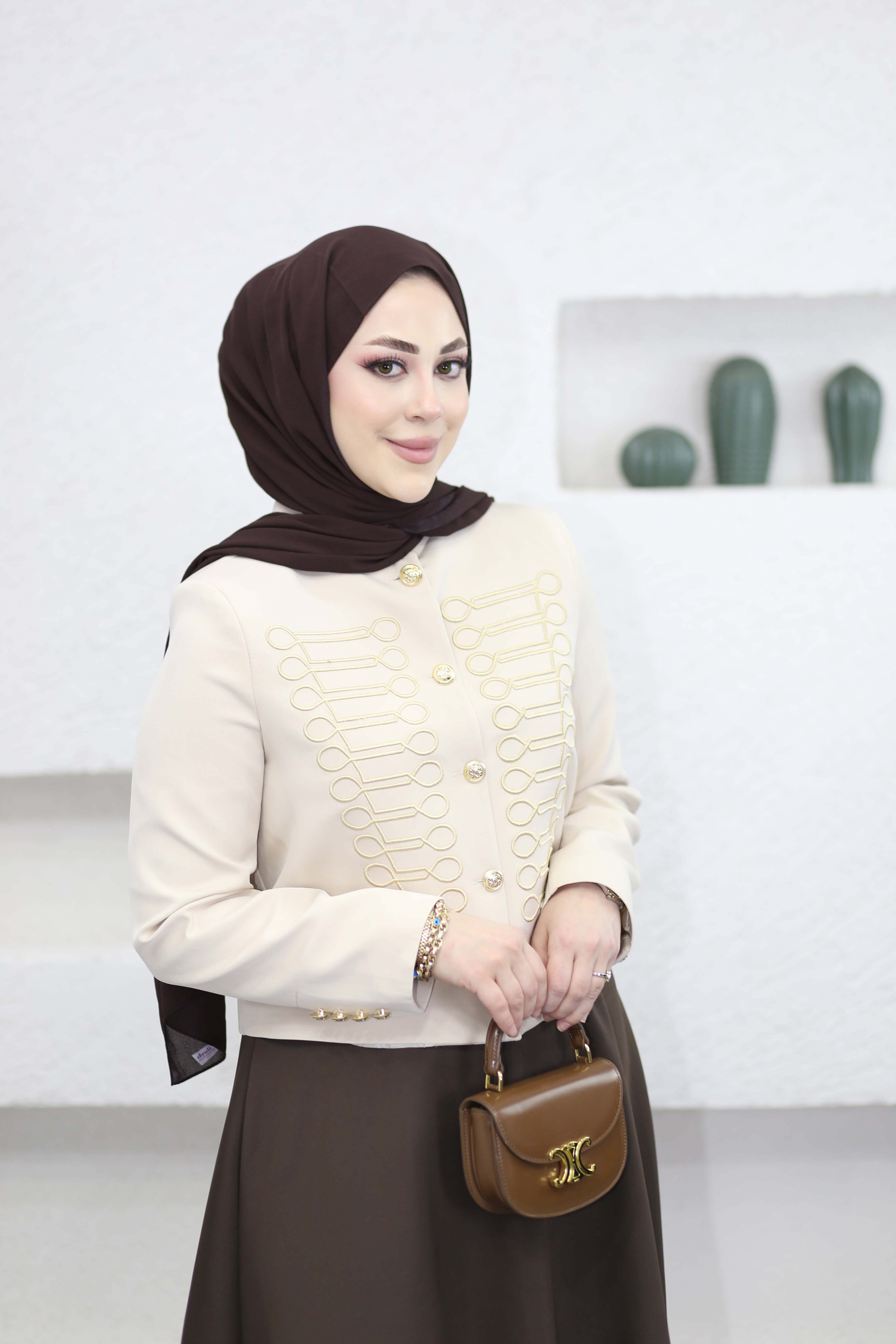 Nakışlı Hakim Yaka Ceket Bej 6351