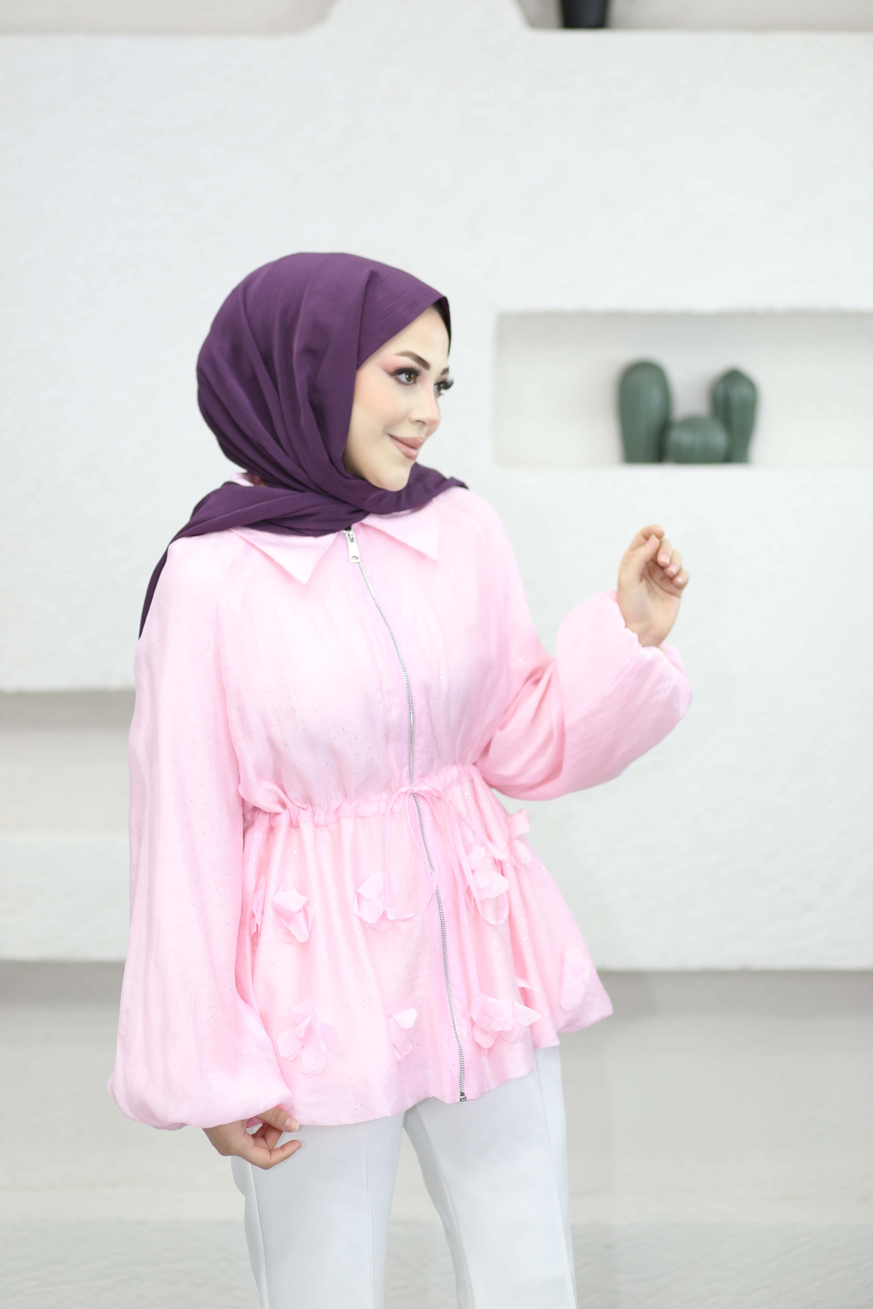 Simli Tencel Balon Ceket Pembe 26043
