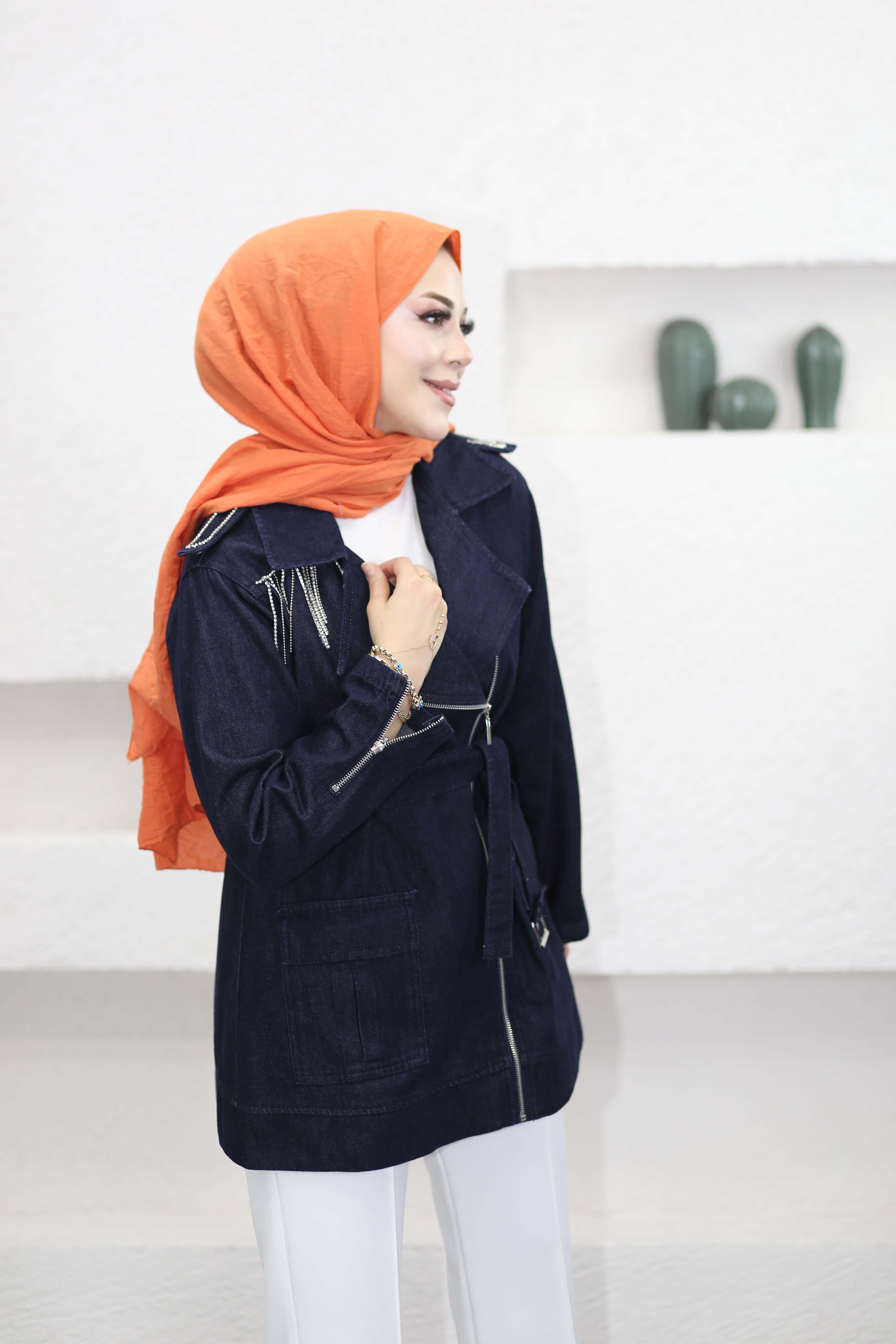 Taş Omuzlu Denim Ceket Koyu Mavi 7471