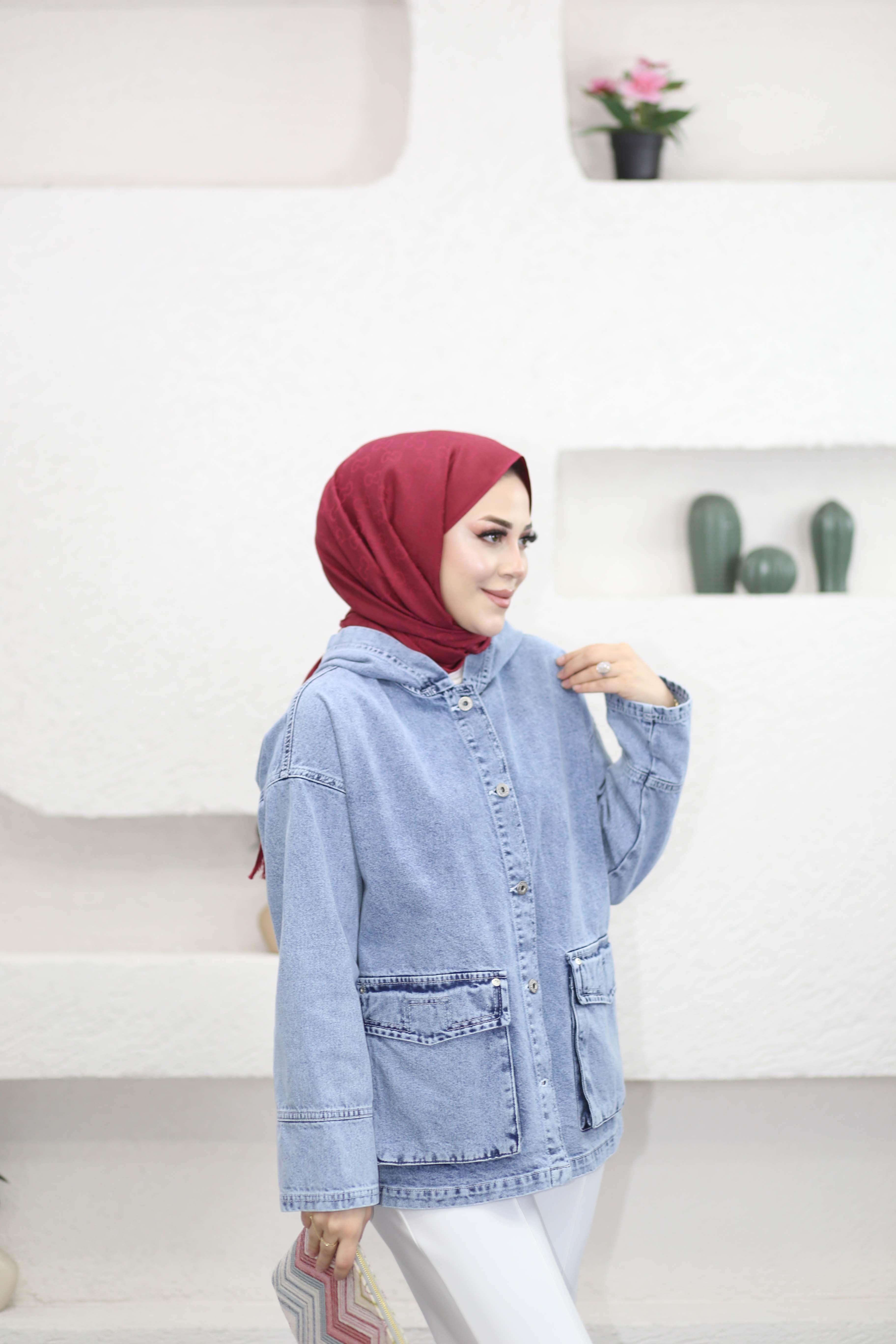 Kapişonlu Denim Ceket Açık Mavi 7437