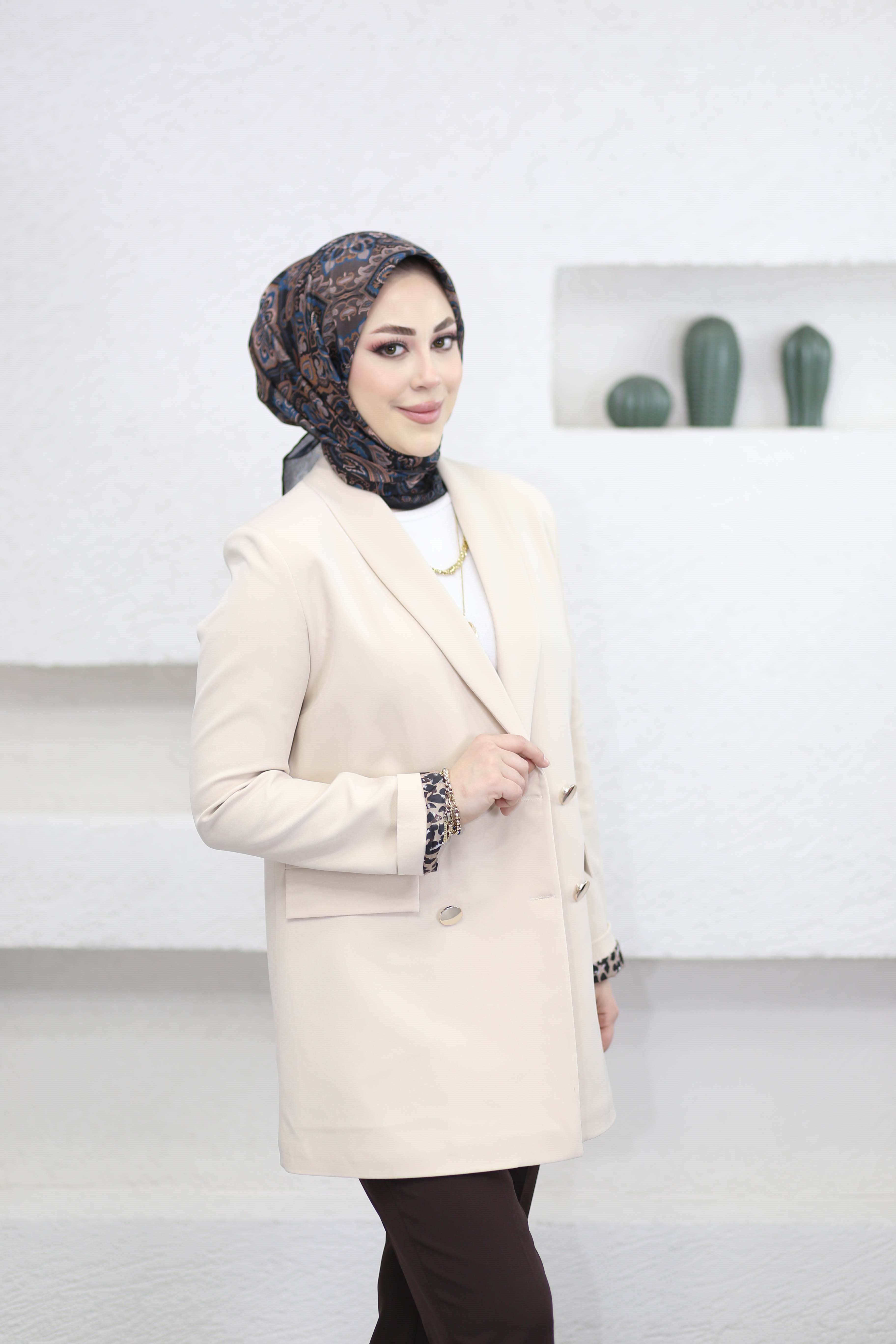 Leopar Astarlı Düğmeli Ceket Bej 1156