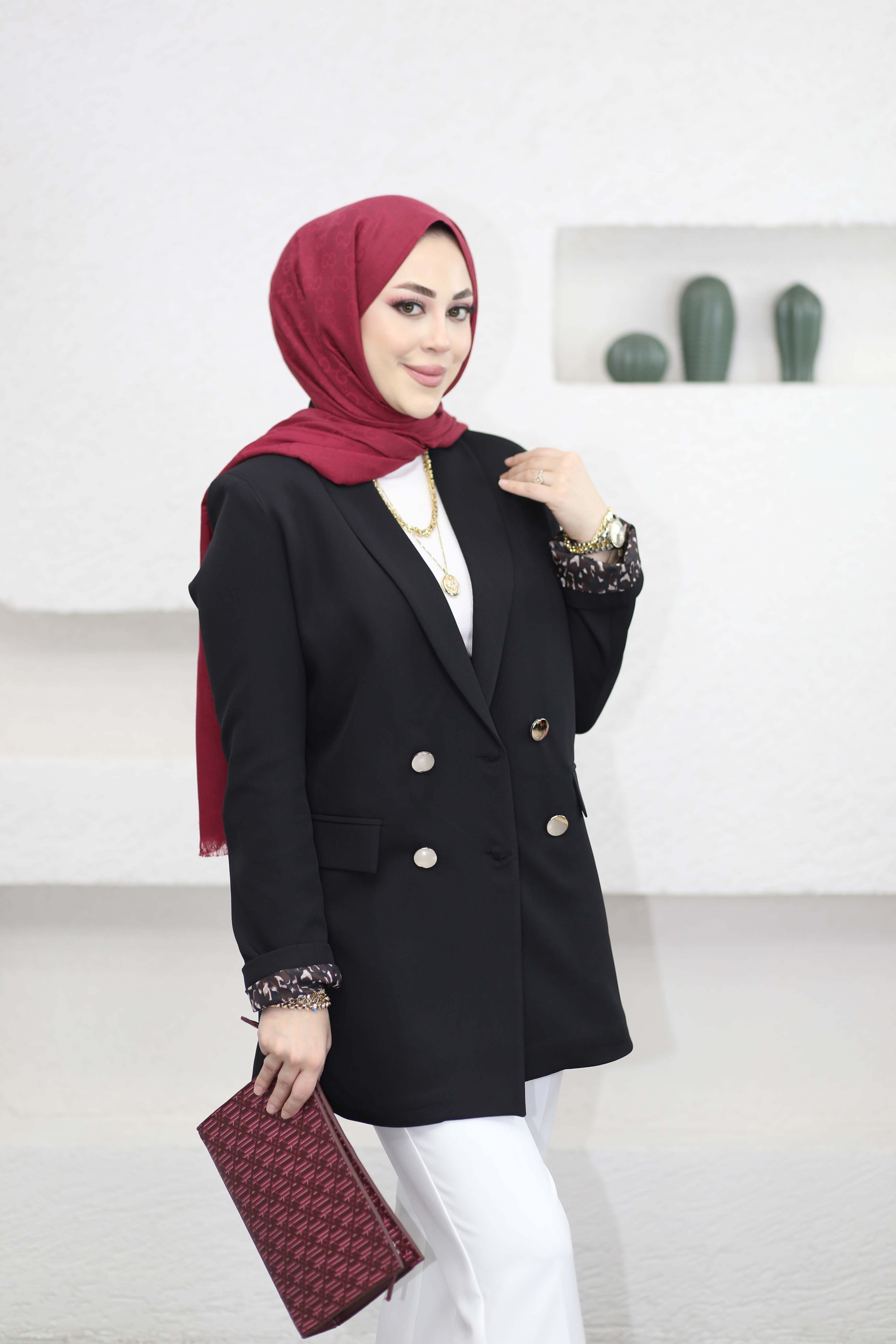 Leopar Astarlı Düğmeli Ceket Siyah 1156