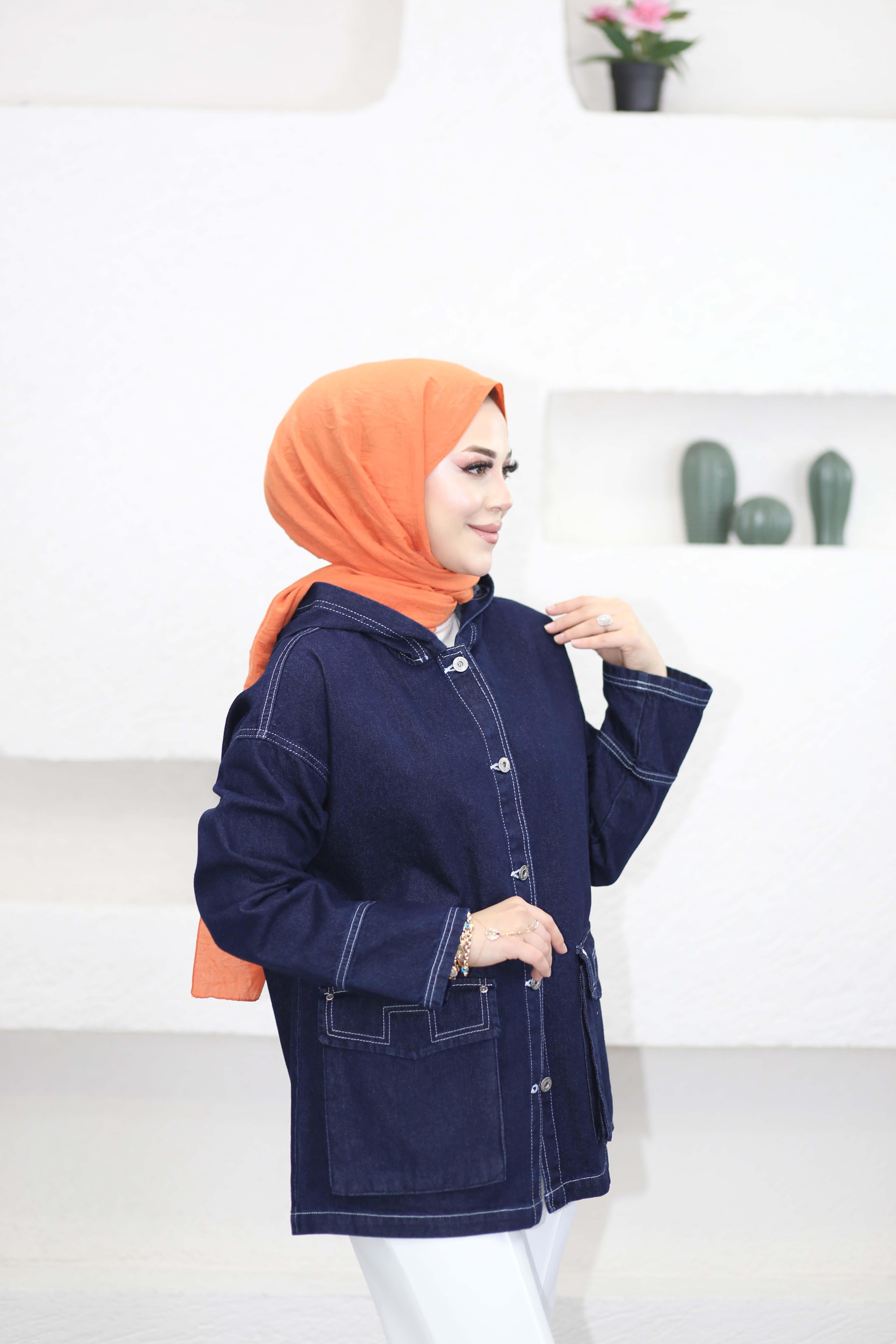 Kapişonlu Denim Ceket Koyu Mavi 7437