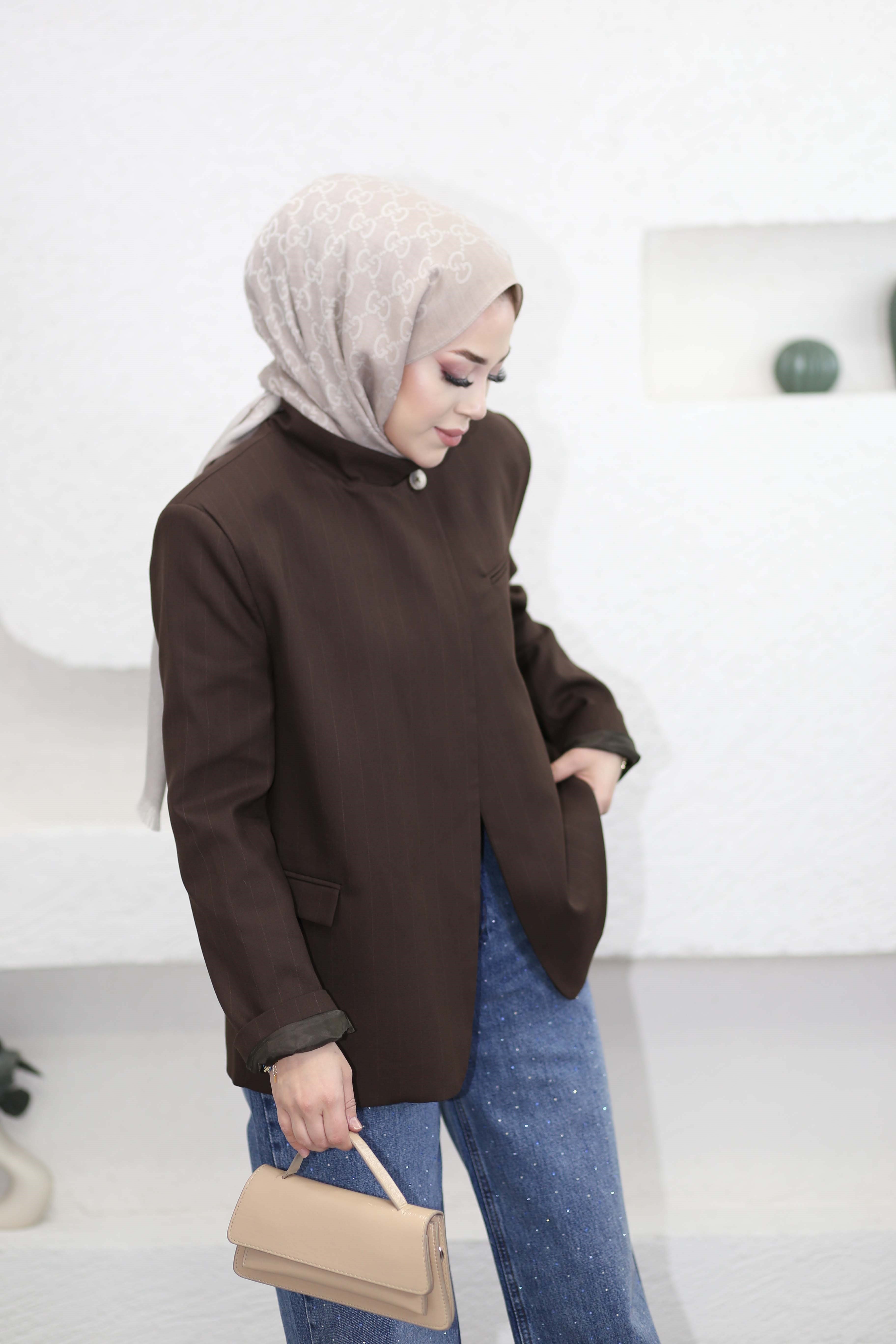Dik Yaka Blazer Ceket Kahverengi 9715