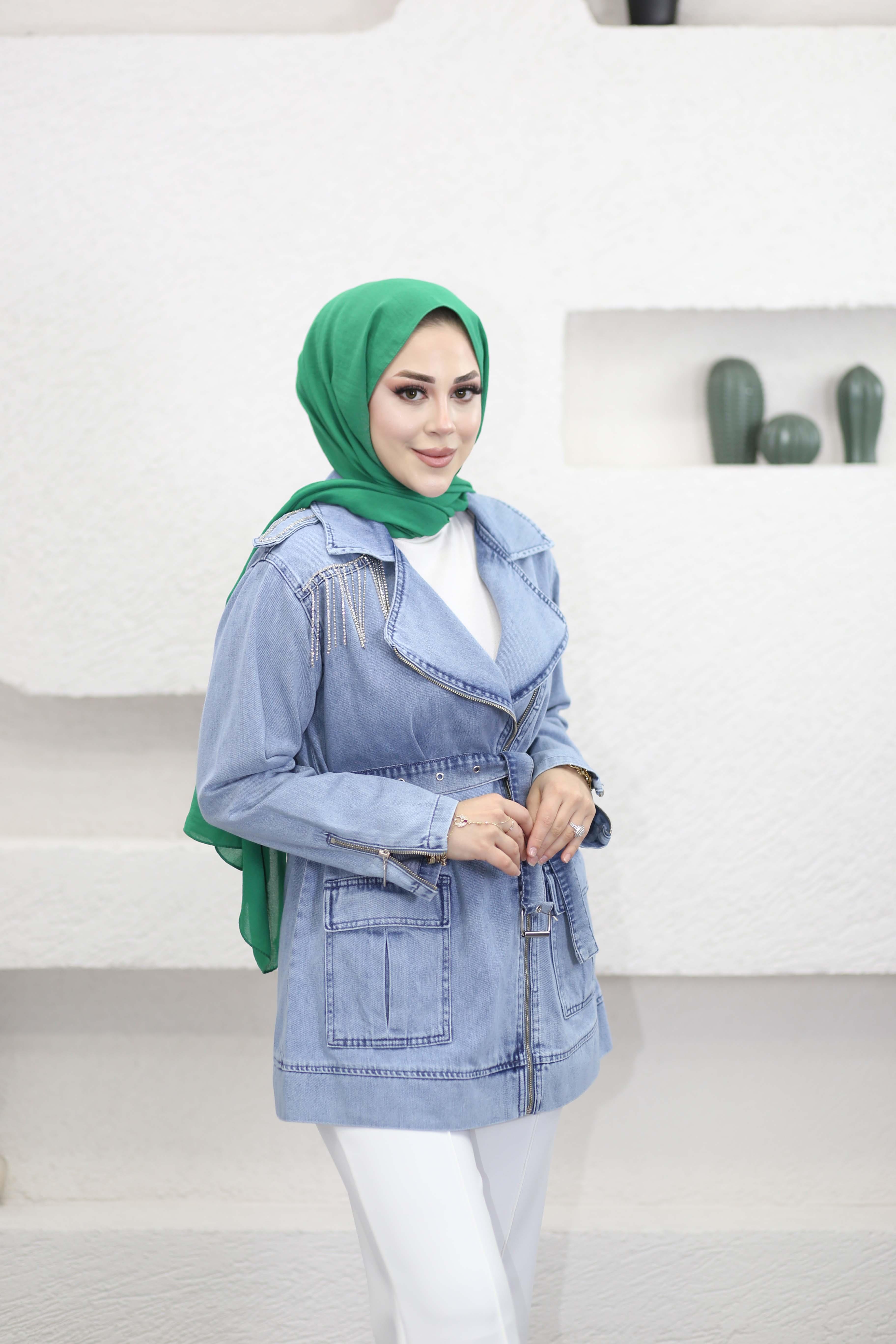 Taş Omuzlu Denim Ceket Açık Mavi 7471