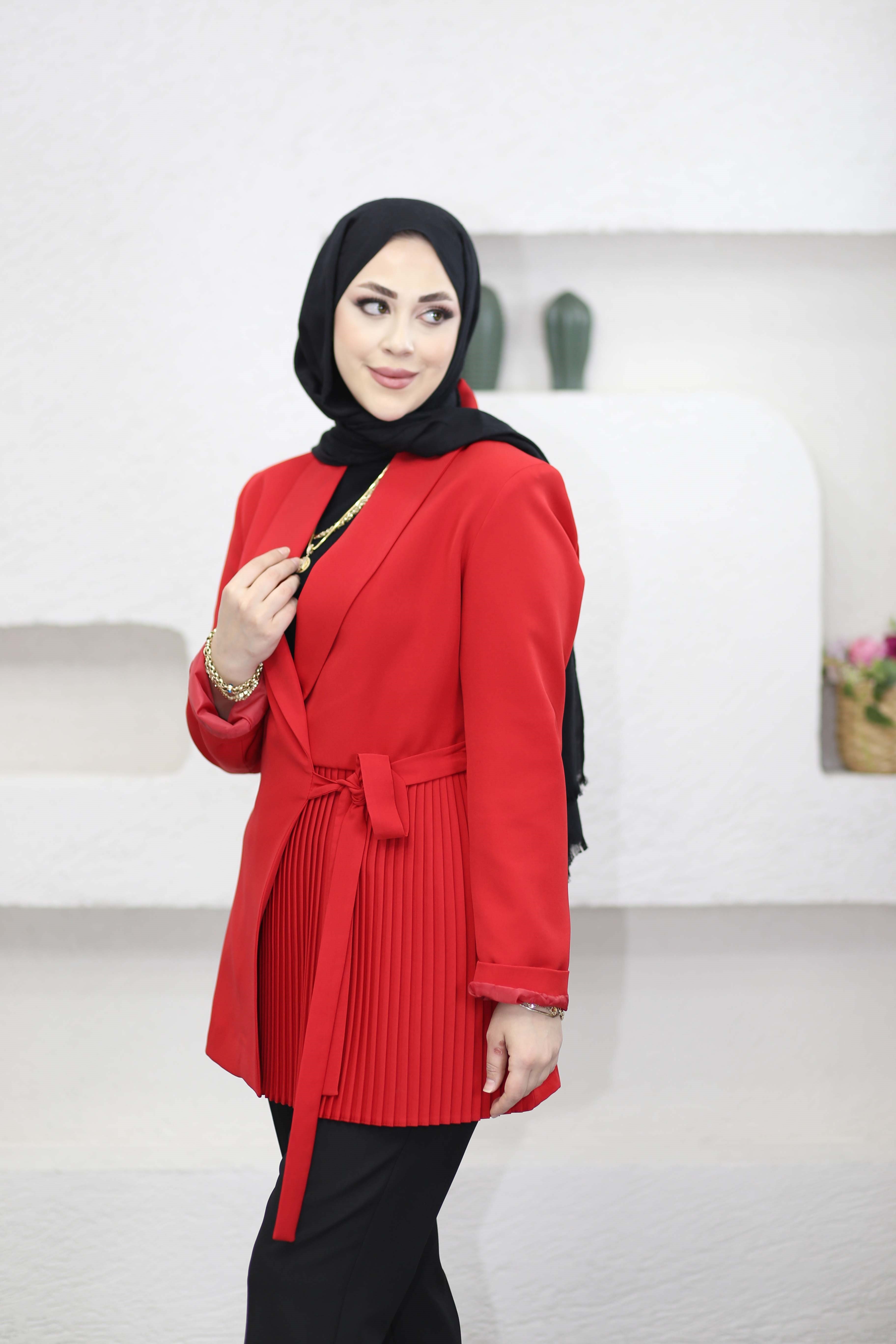 Yan Pilise Bağlamalı Ceket Kırmızı 1980