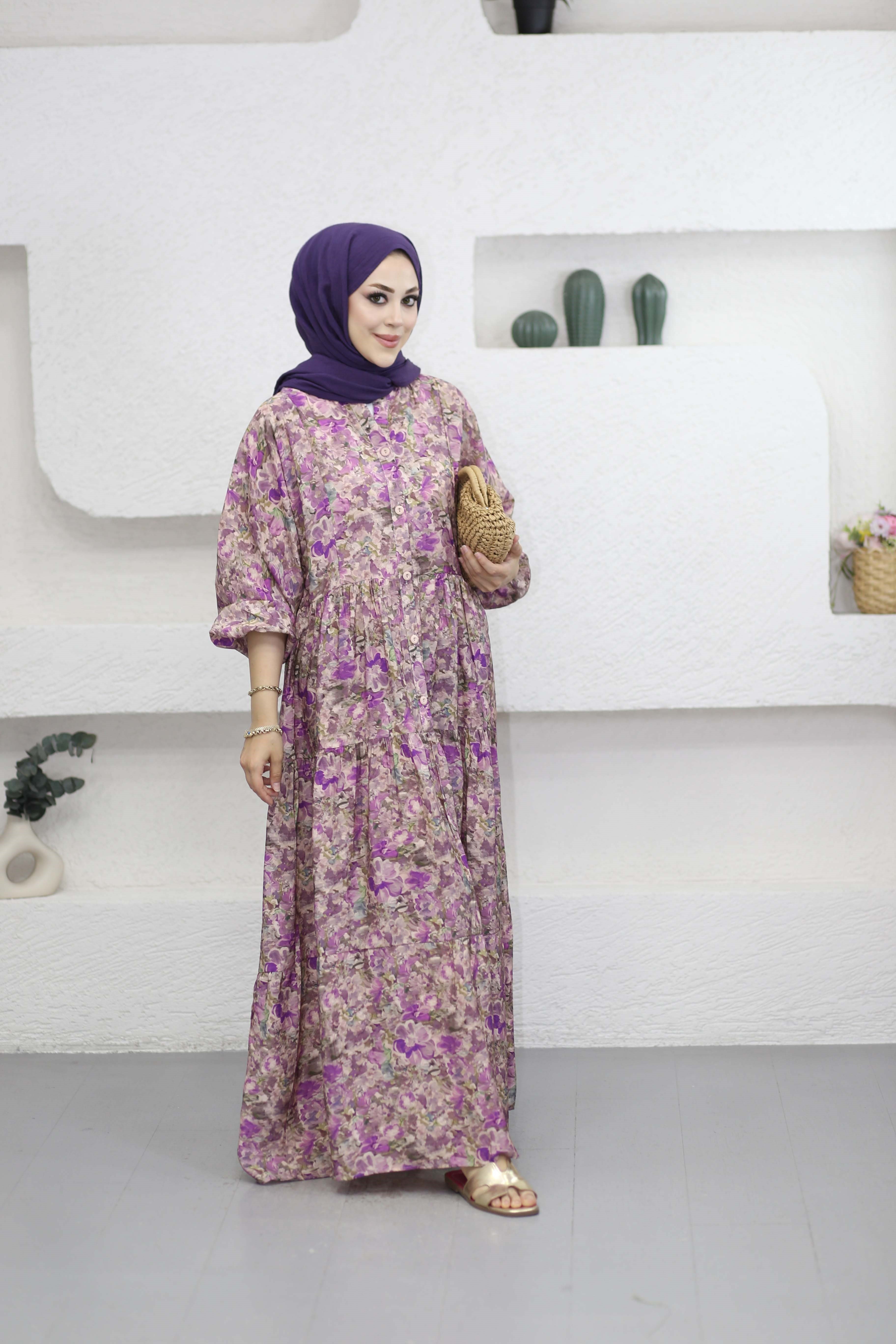 Robalı Çiçek Elbise Mor 5014