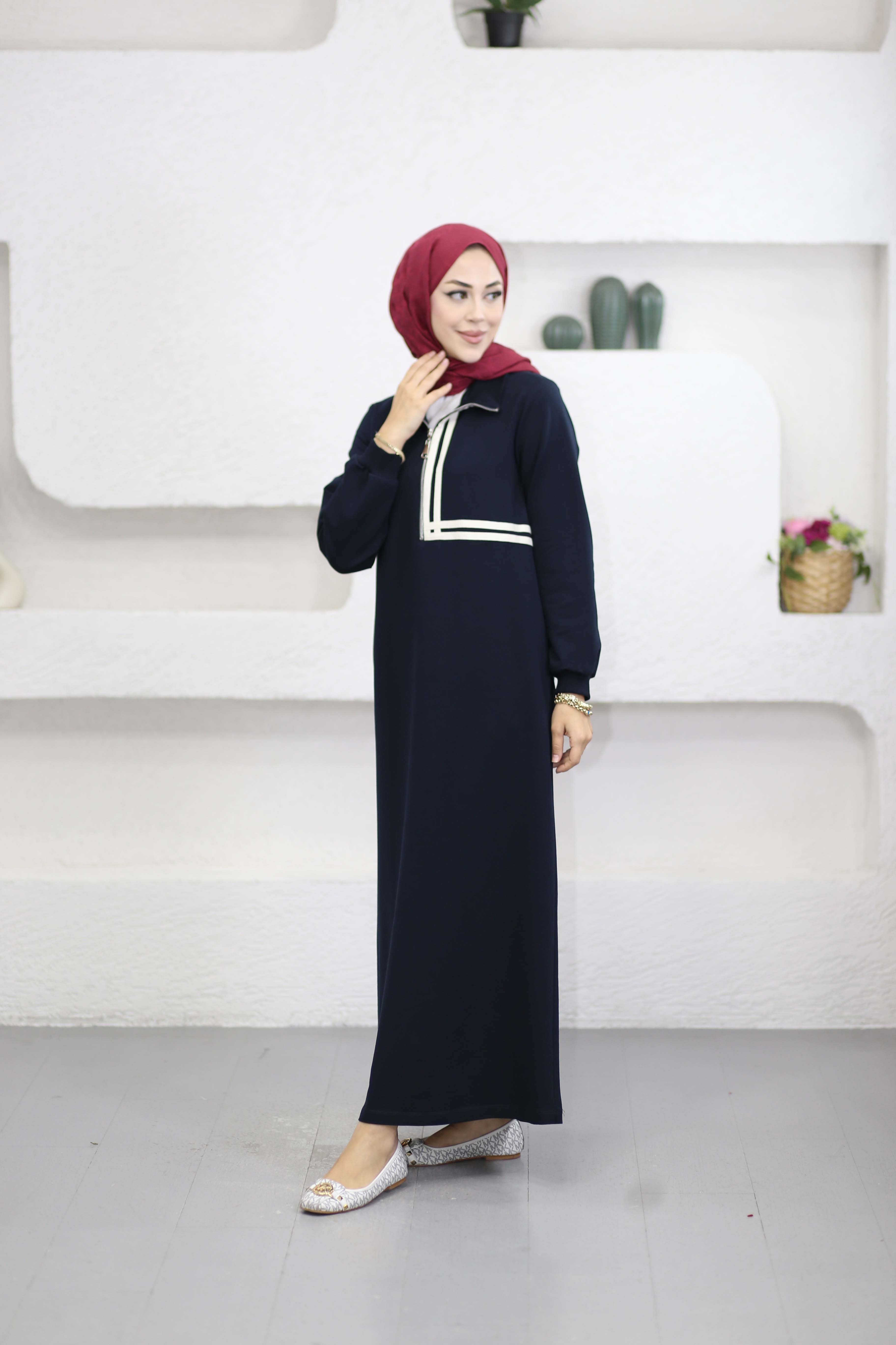 Şeritli Basıc Elbise Lacivert 12732