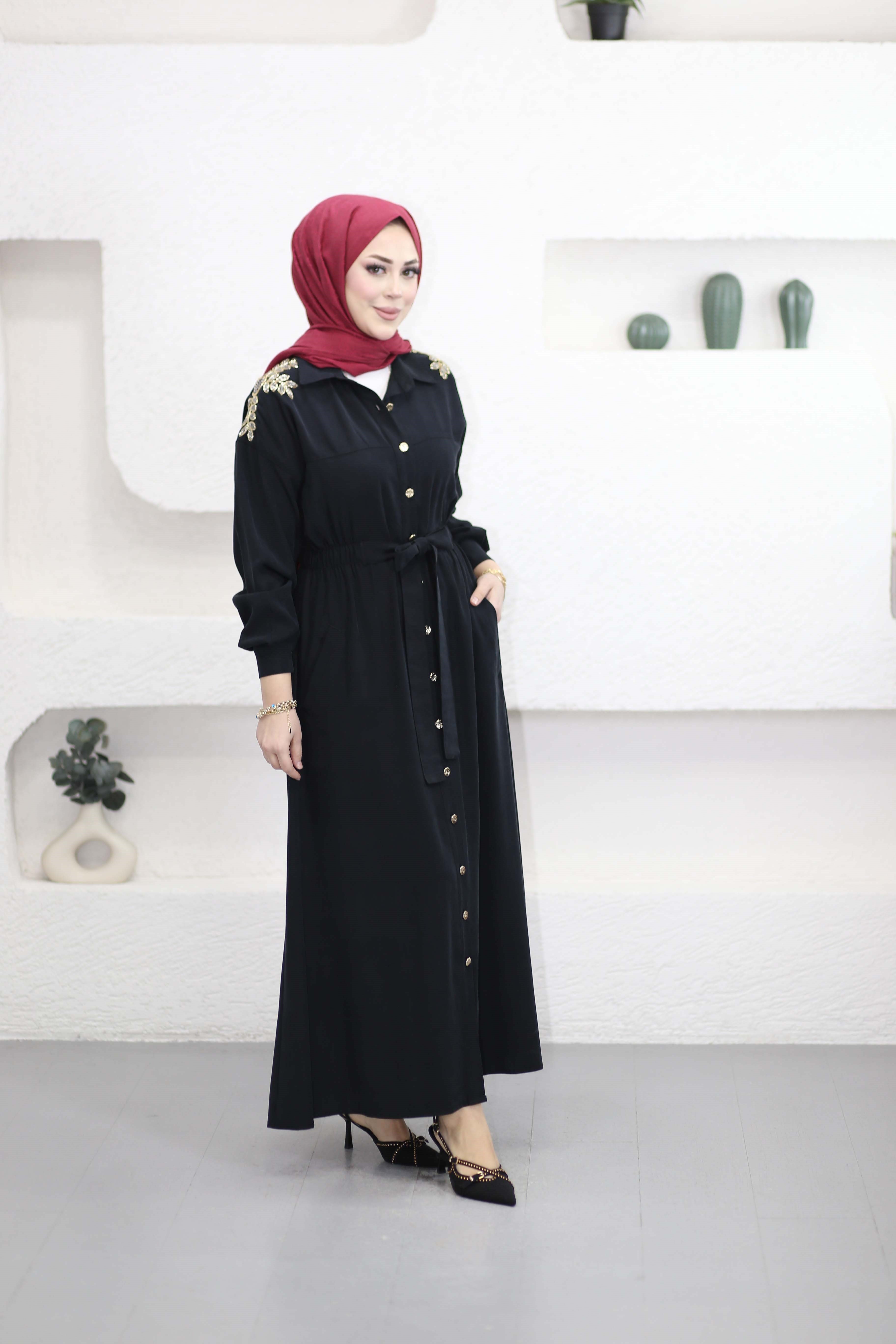 Omuz Nakışlı Elbise Siyah 1471