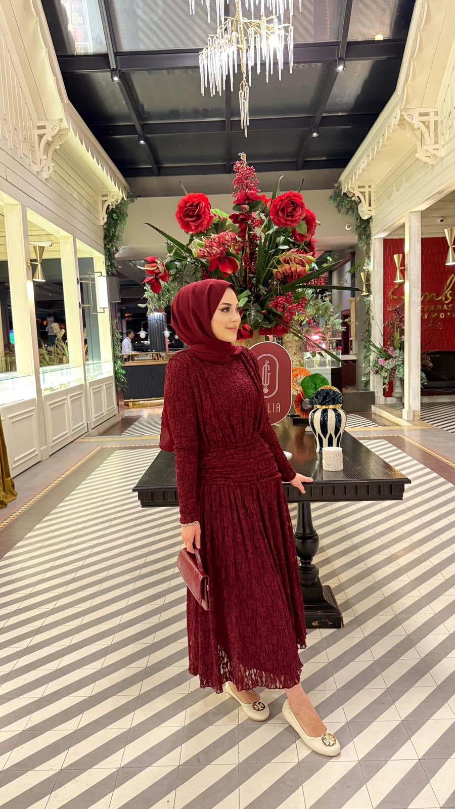Tasarım Dantel Elbise Bordo 6566