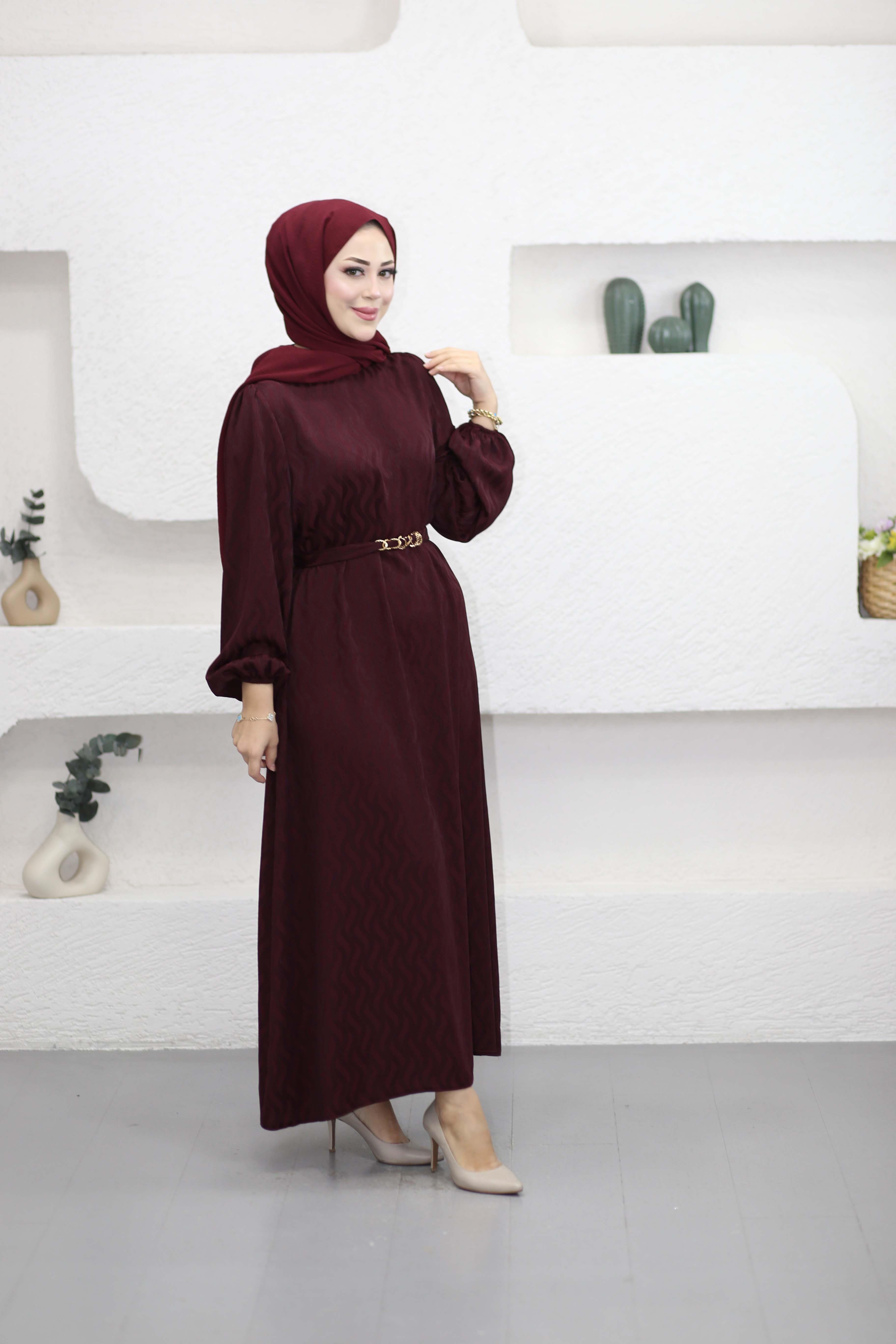 Gold Geçirme Kuşaklı Elbise Bordo 6073