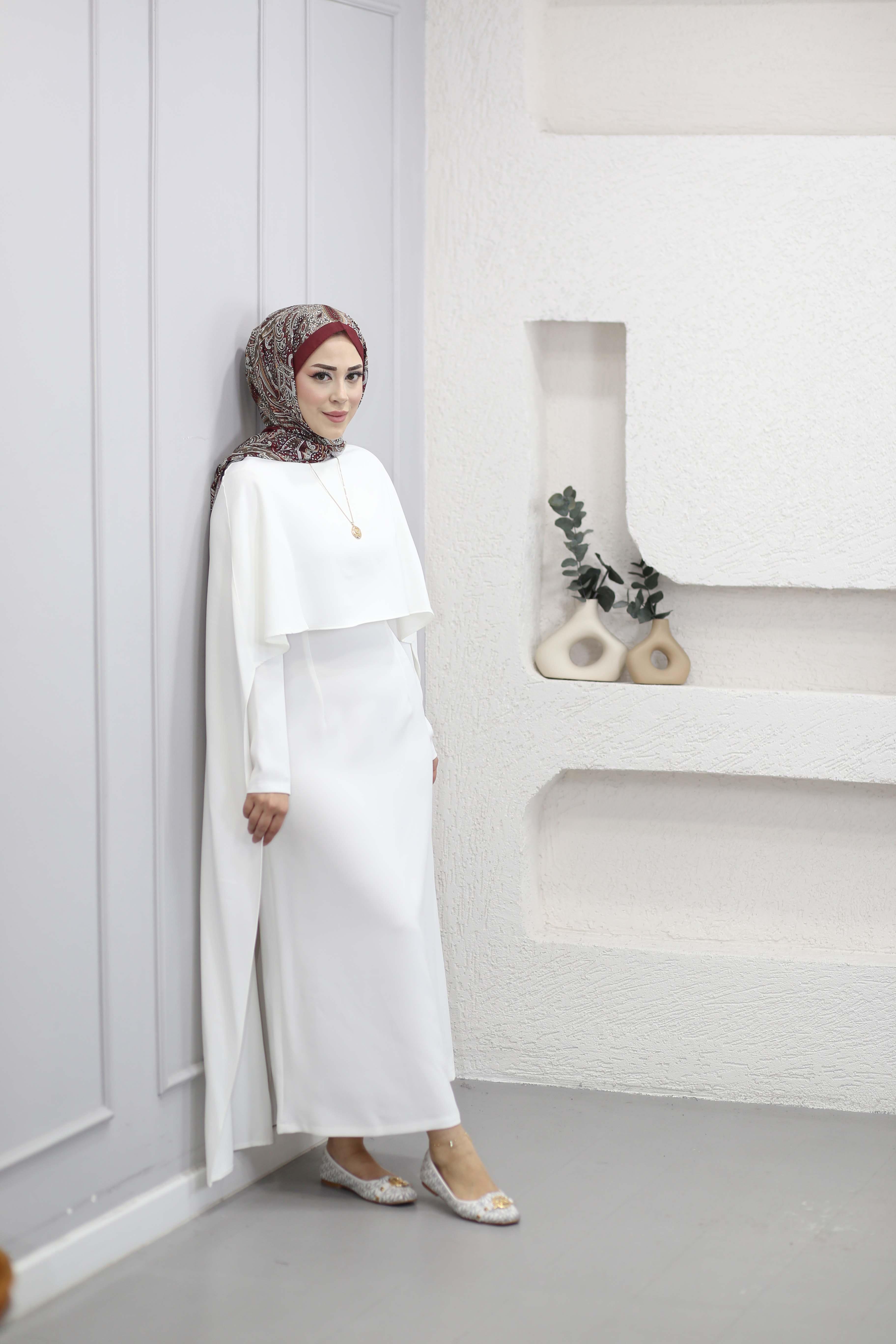 Uzun Pelerin Elbise Ekru 3392