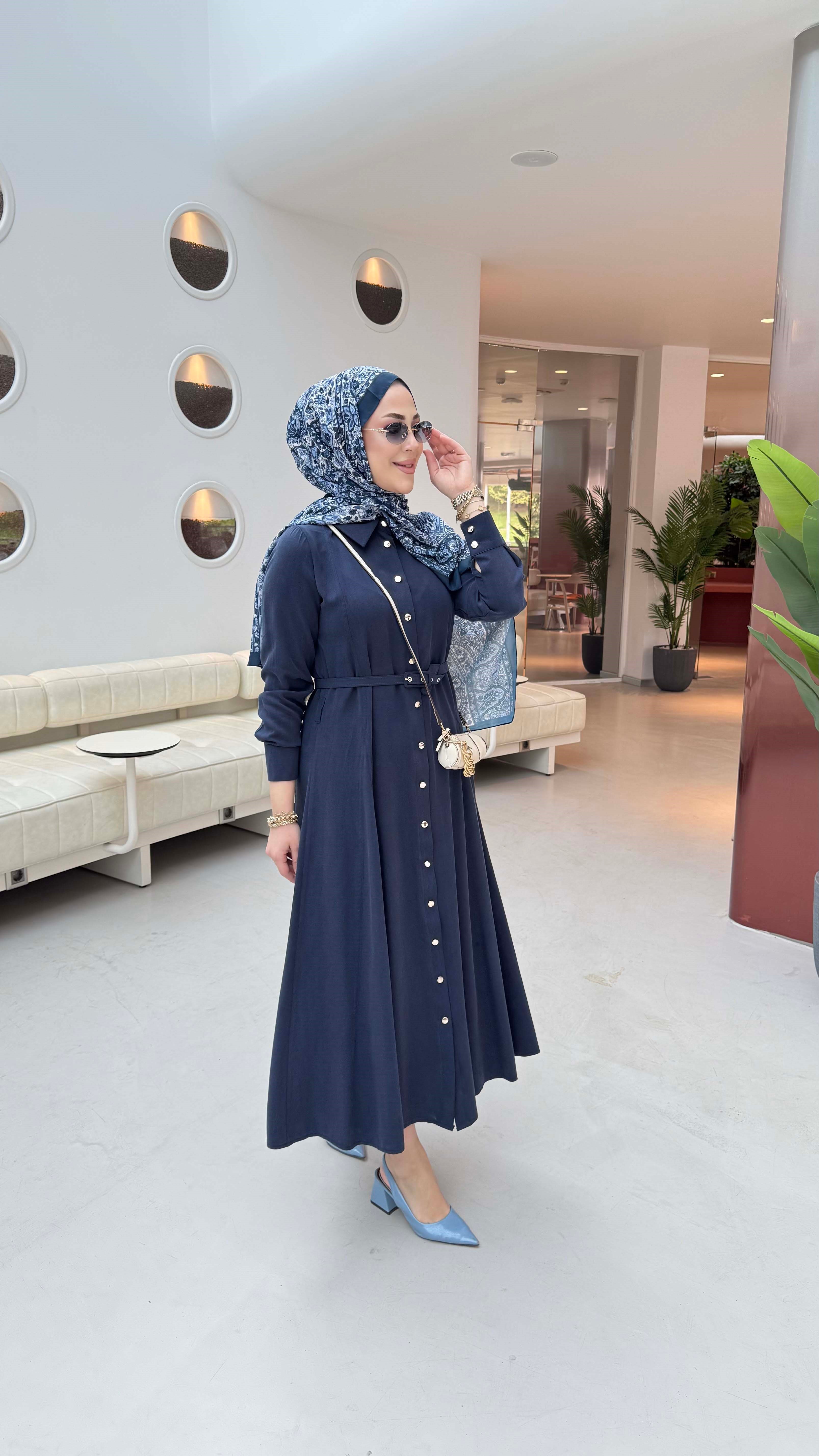 Düğmeli Tencel Gömlek Elbise Lacivert 5499
