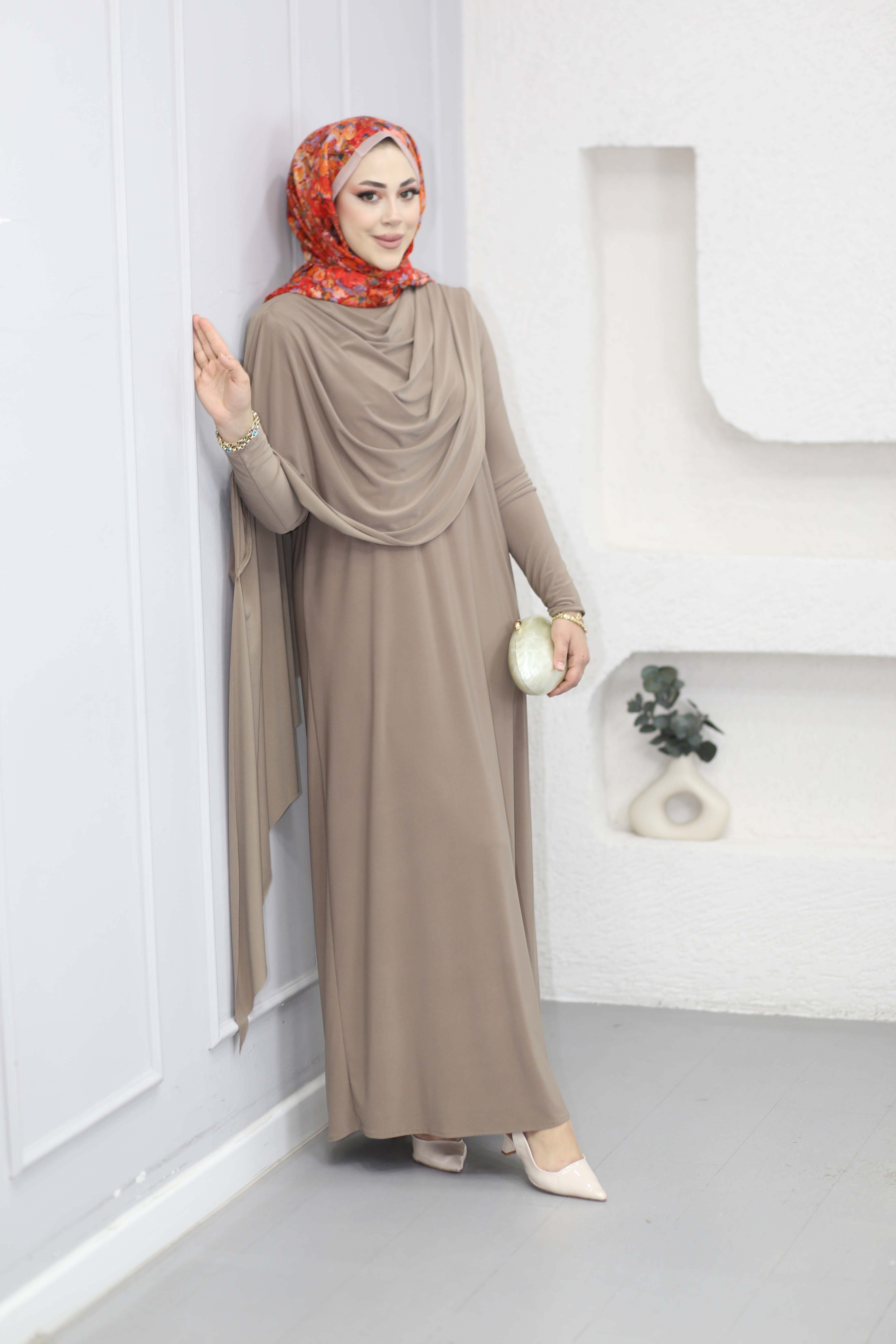 Omuz Şallı Sandy Elbise Vizon 5591