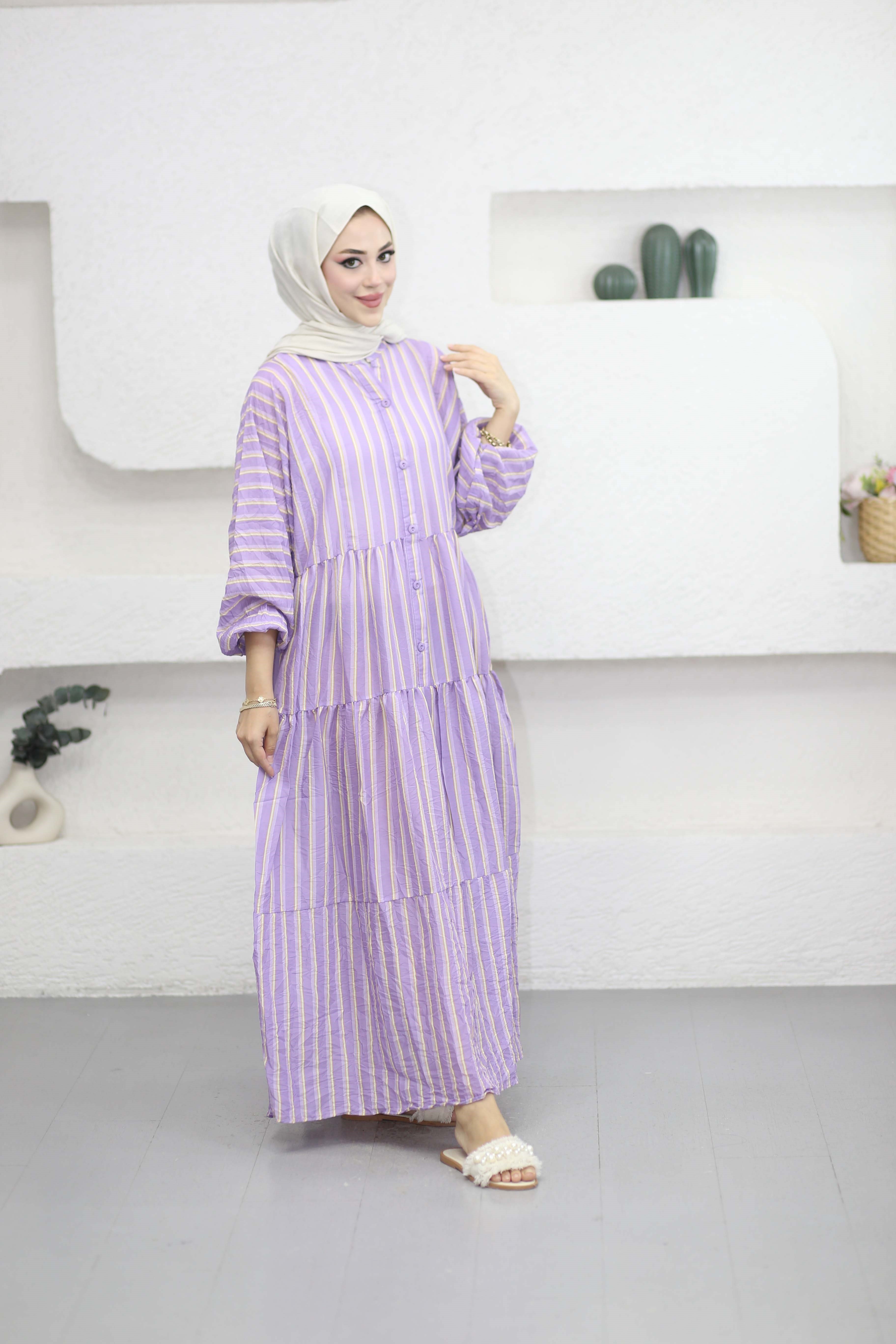 Çizgili Robalı Elbise Mor 3061