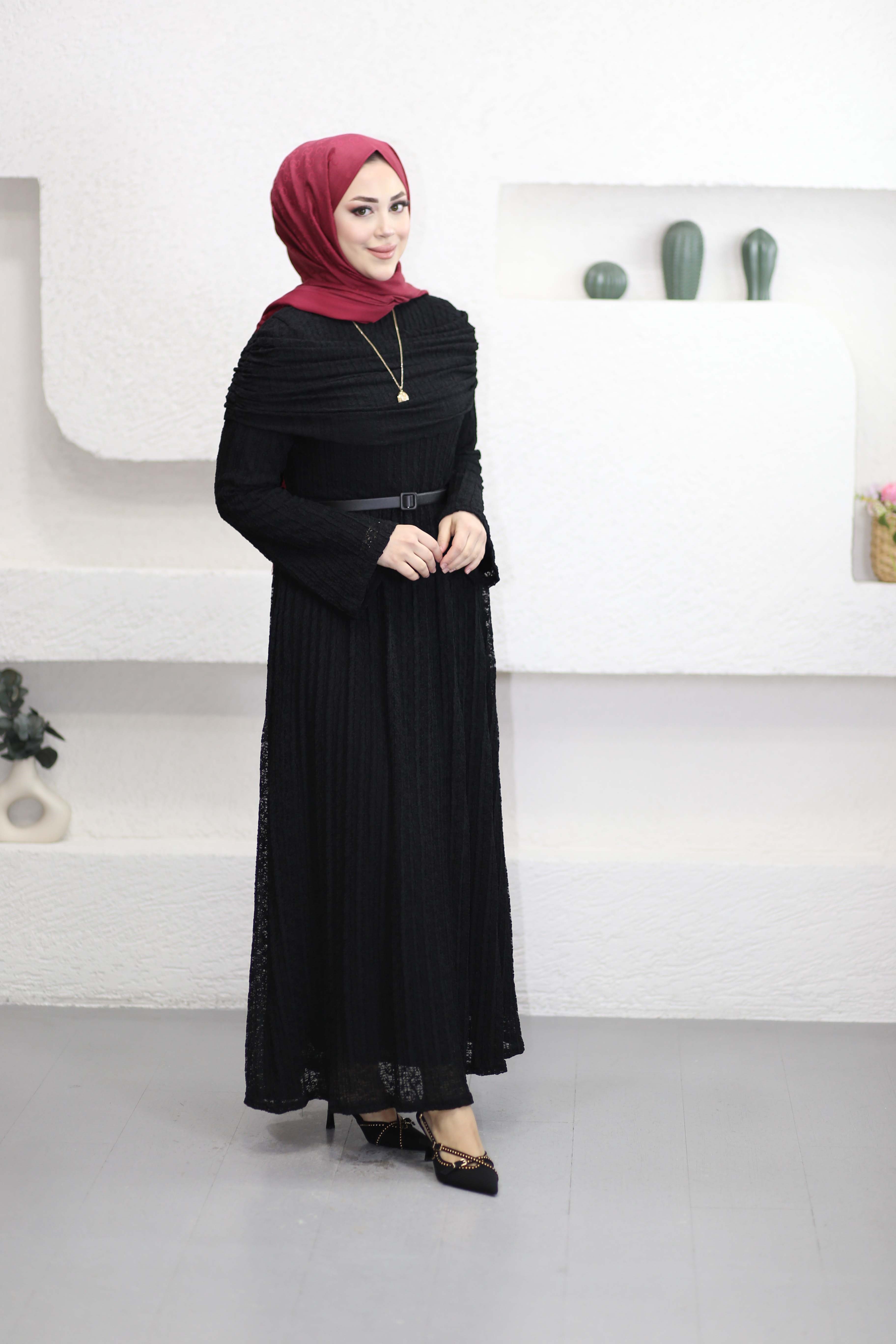 Omuz Volanlı Dantel Tül Elbise Siyah 1002