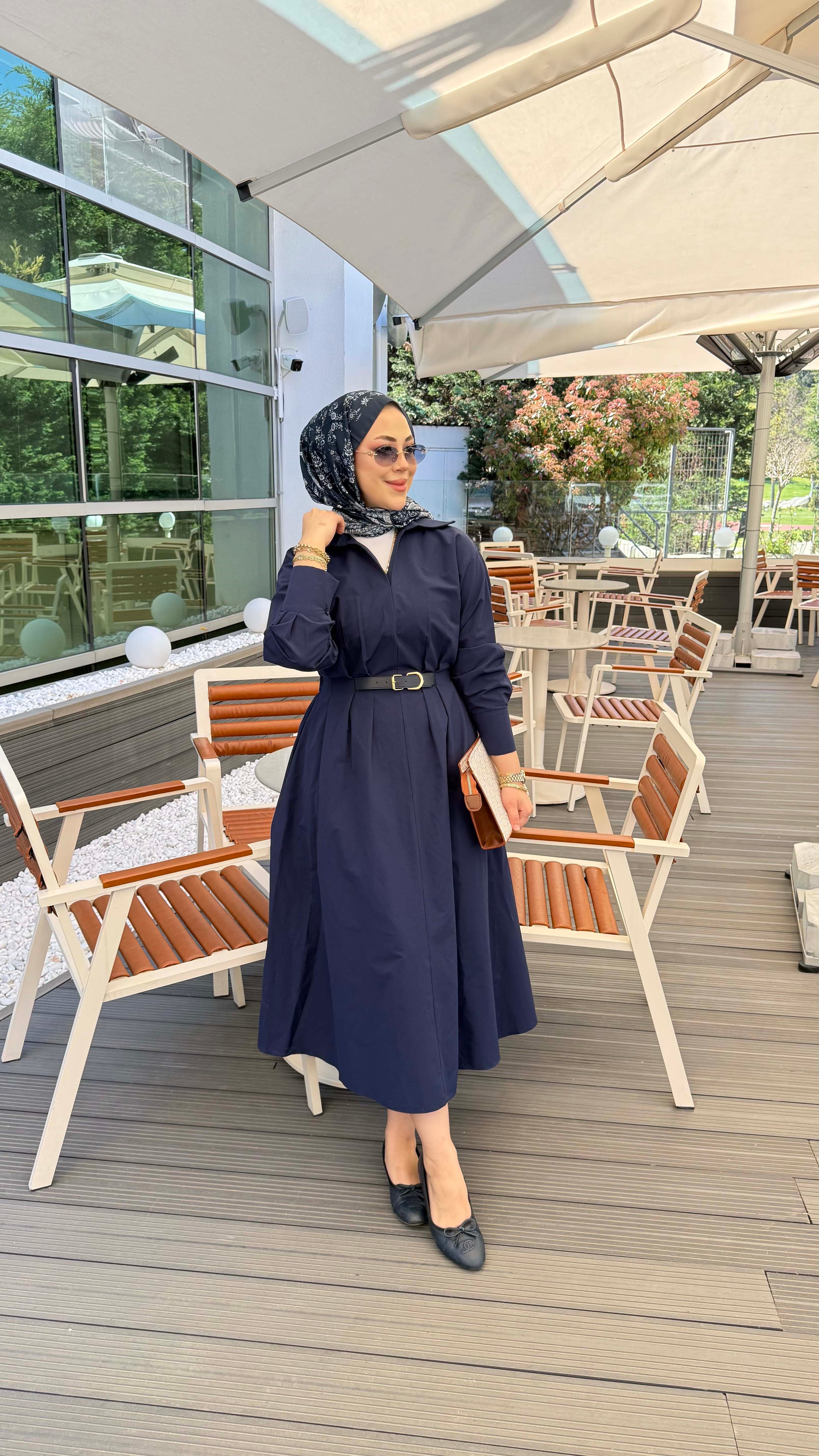 Beli Lastikli Kemer Detaylı Gömlek Elbise Lacivert 5518