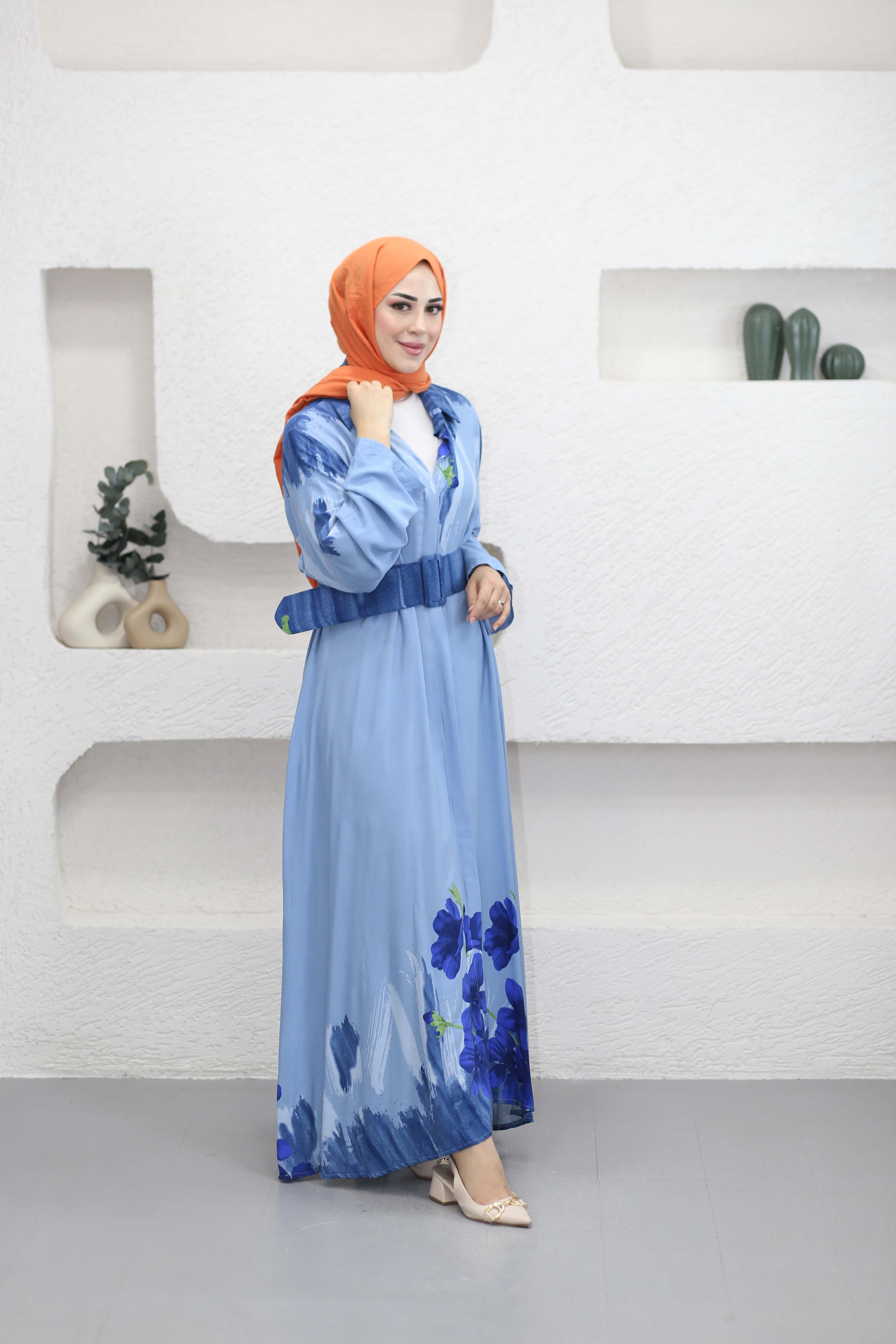 Tam Düğme Çiçekli Elbise Mavi 462
