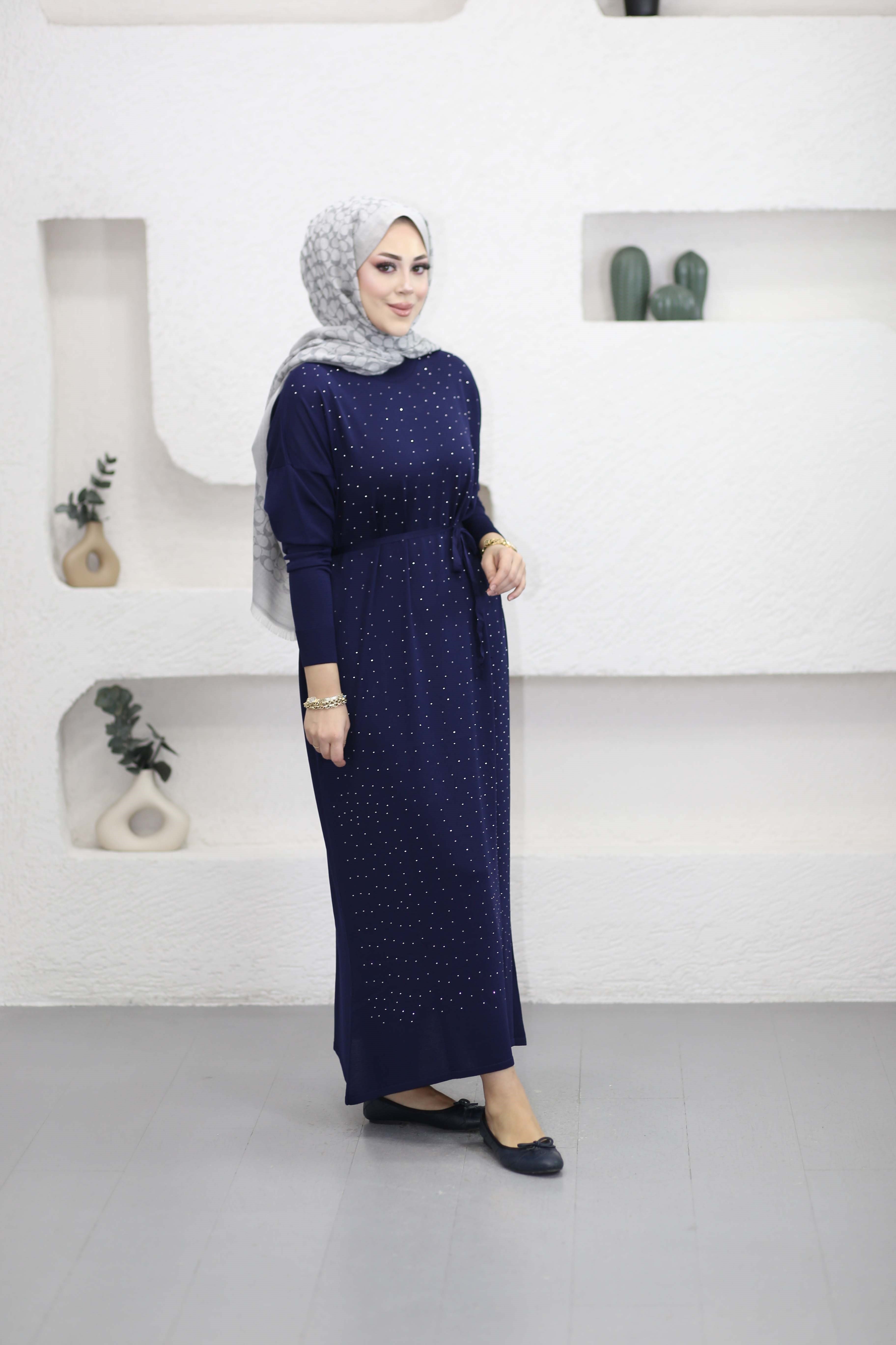 Taşlı Merserize Elbise Lacivert 25270