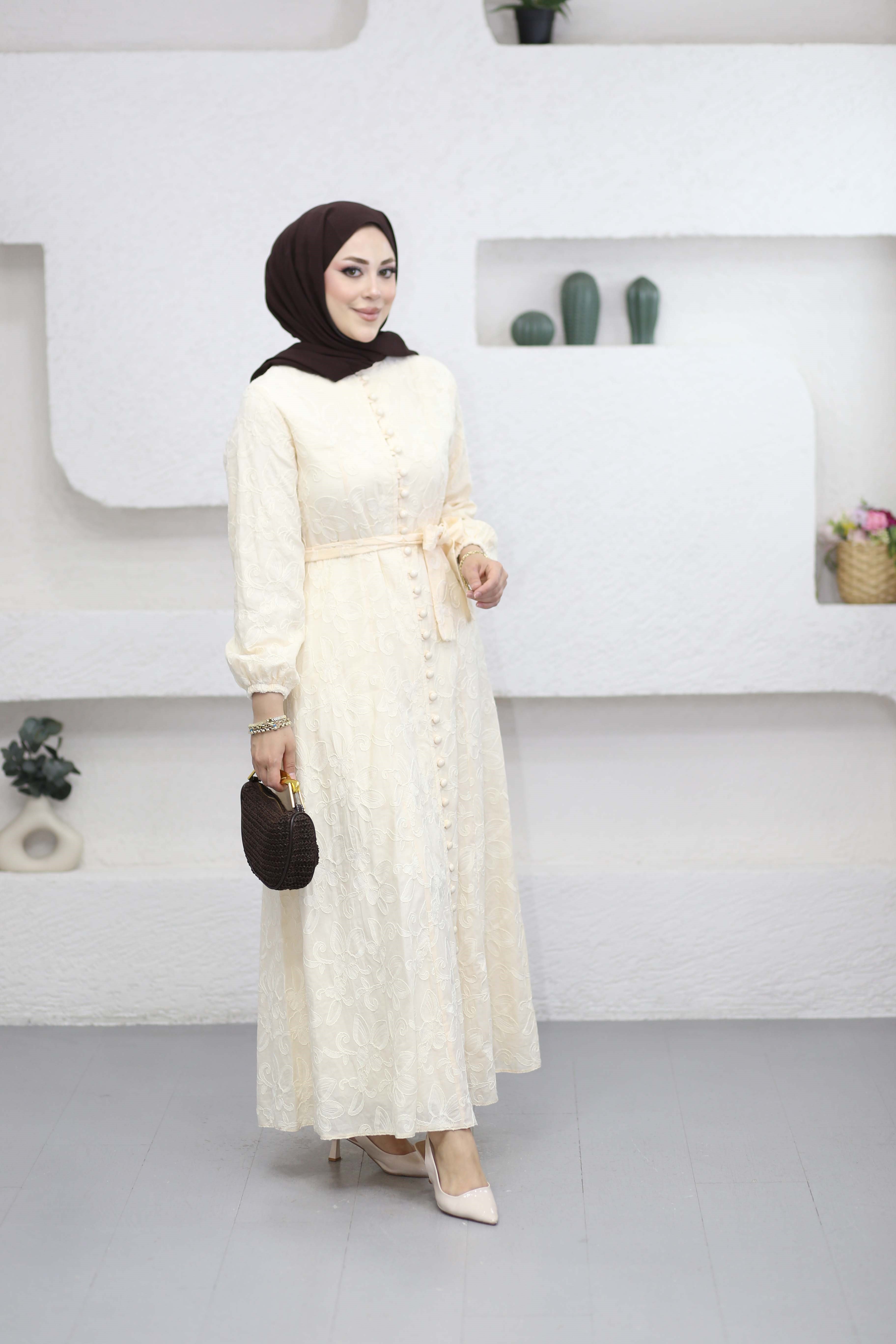 Desenli Asya Elbise Krem 5345