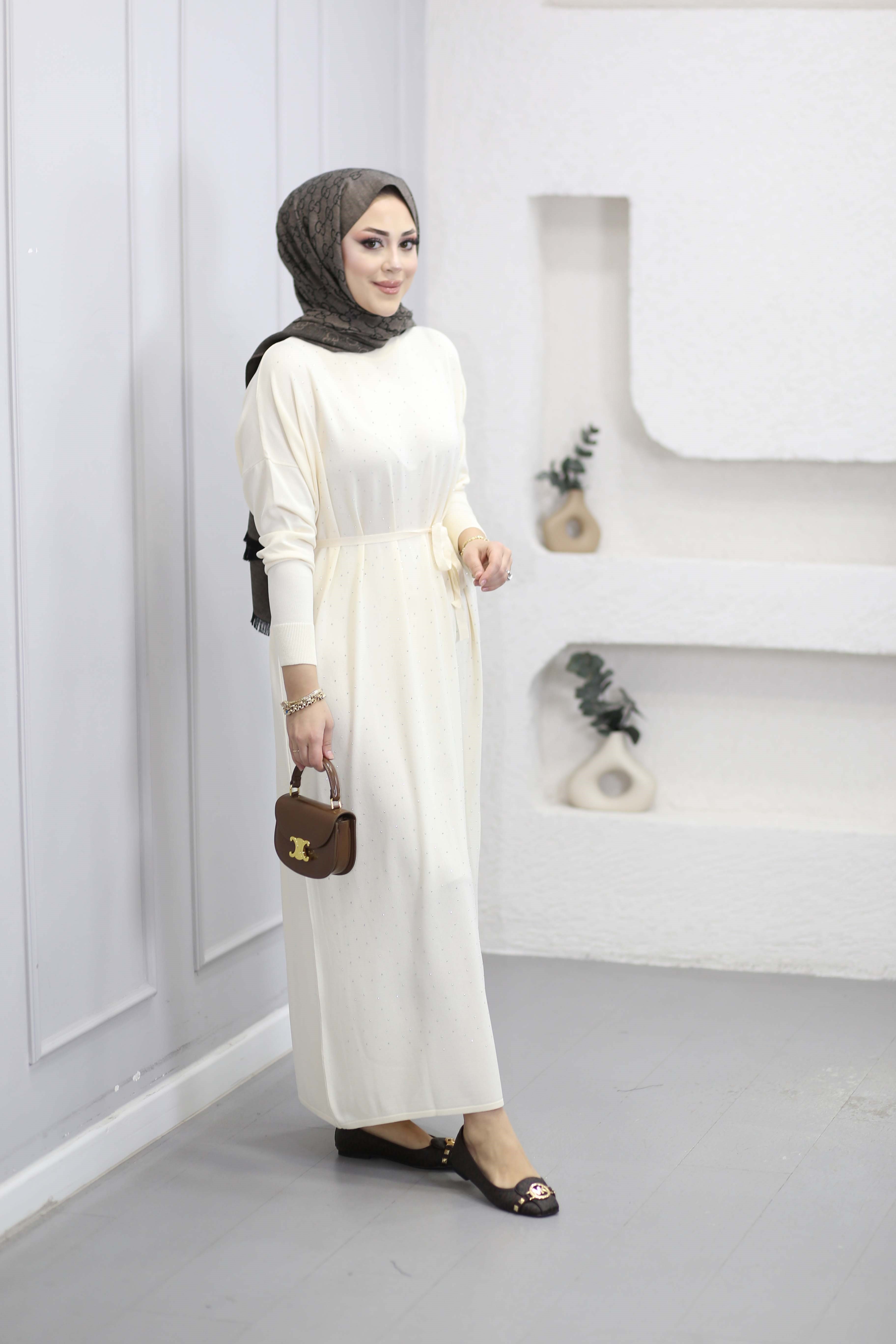 Taşlı Merserize Elbise Krem 25270
