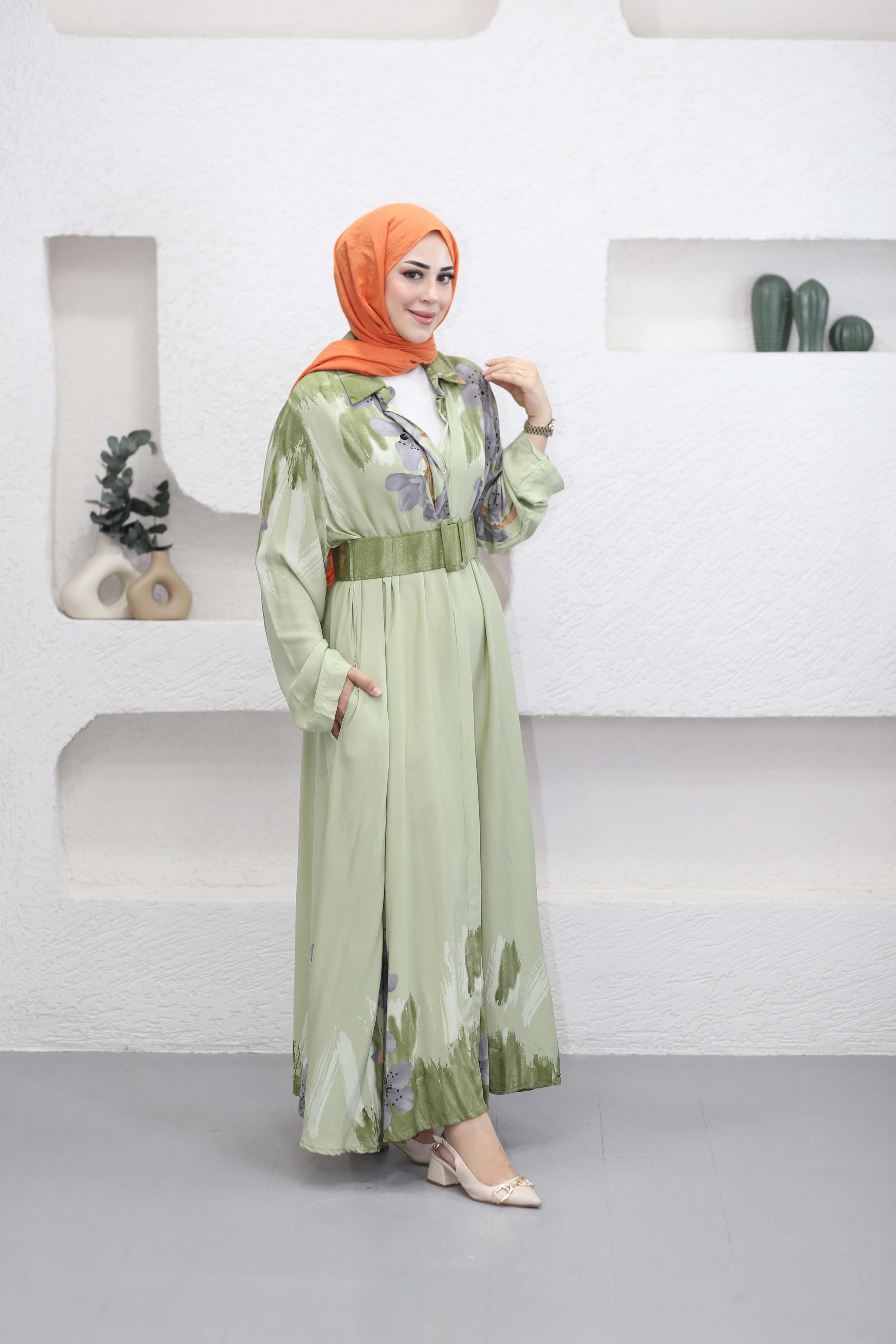 Tam Düğme Çiçekli Elbise Yeşil 462