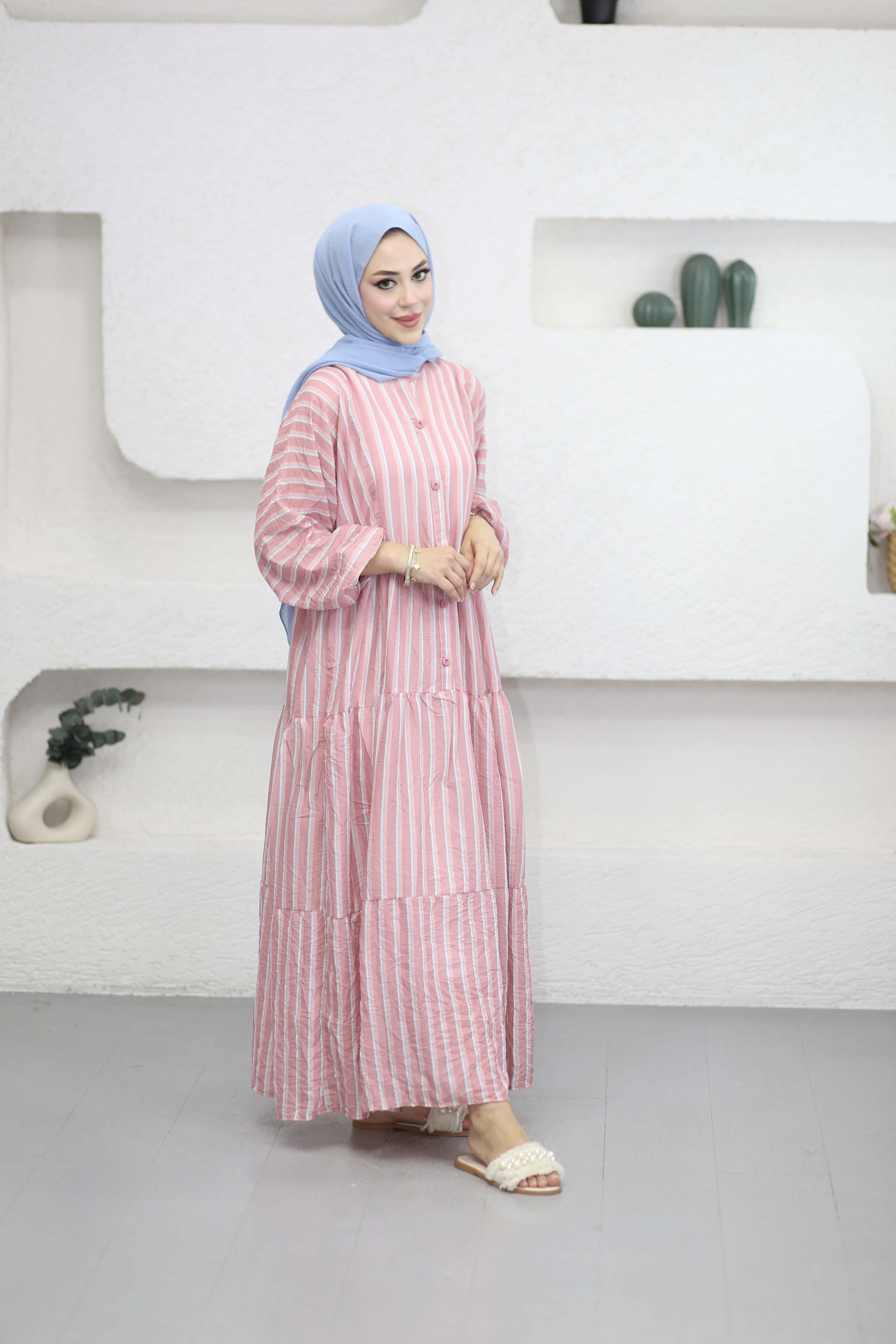 Çizgili Robalı Elbise Pudra 3061