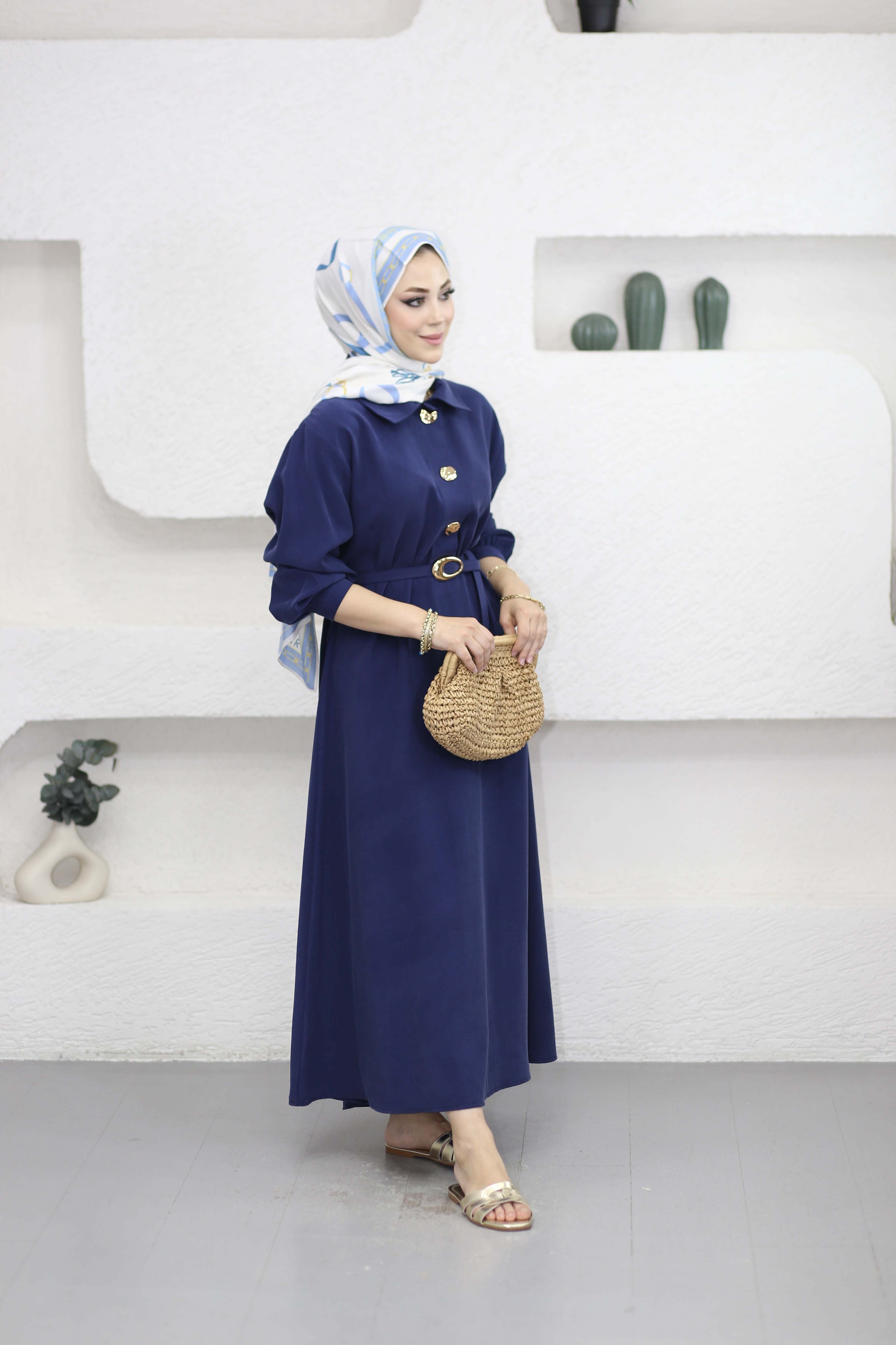 Yakalı Kemerli Elbise Lacivert 5525