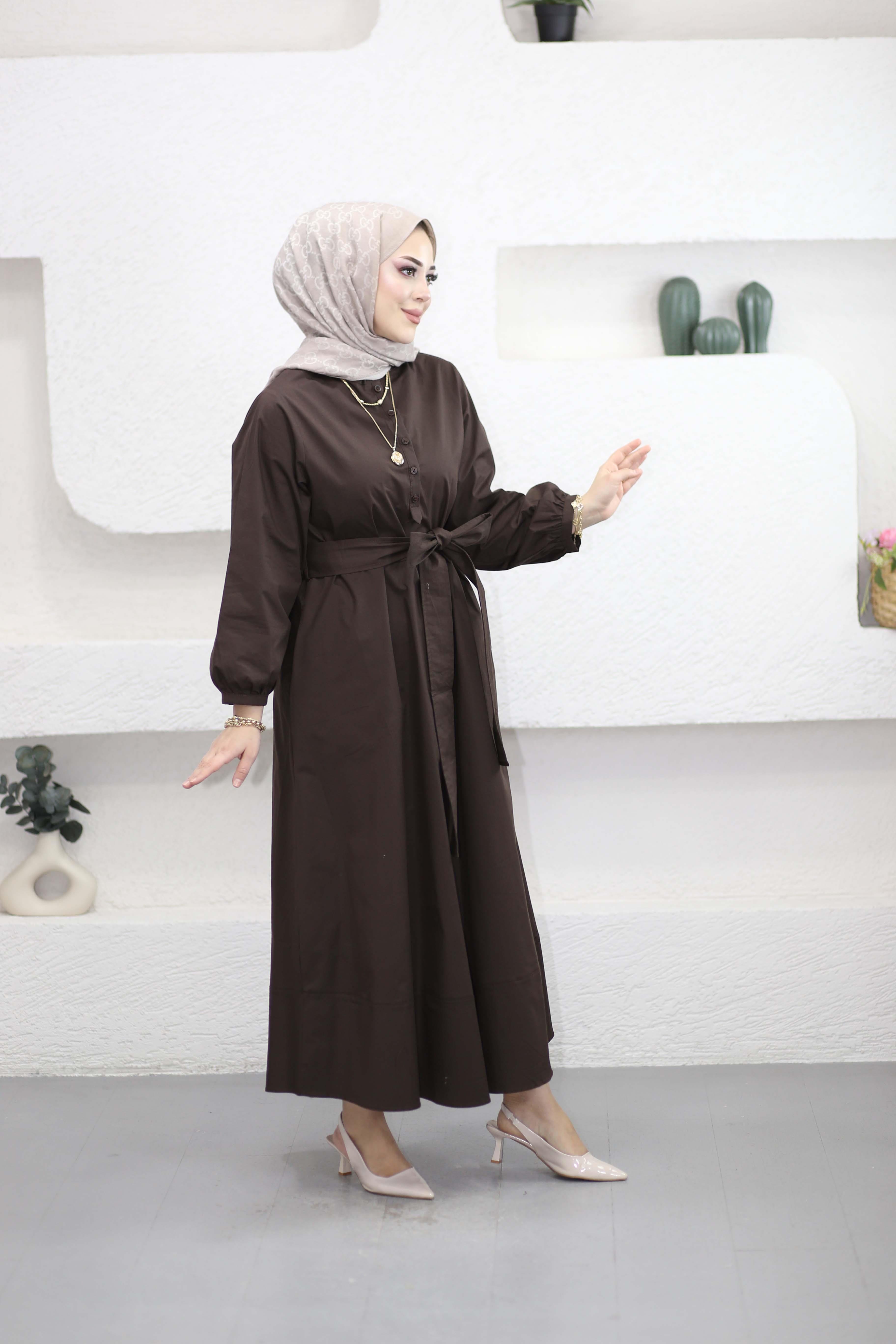 Kuşaklı Elbise Kahverengi 2349