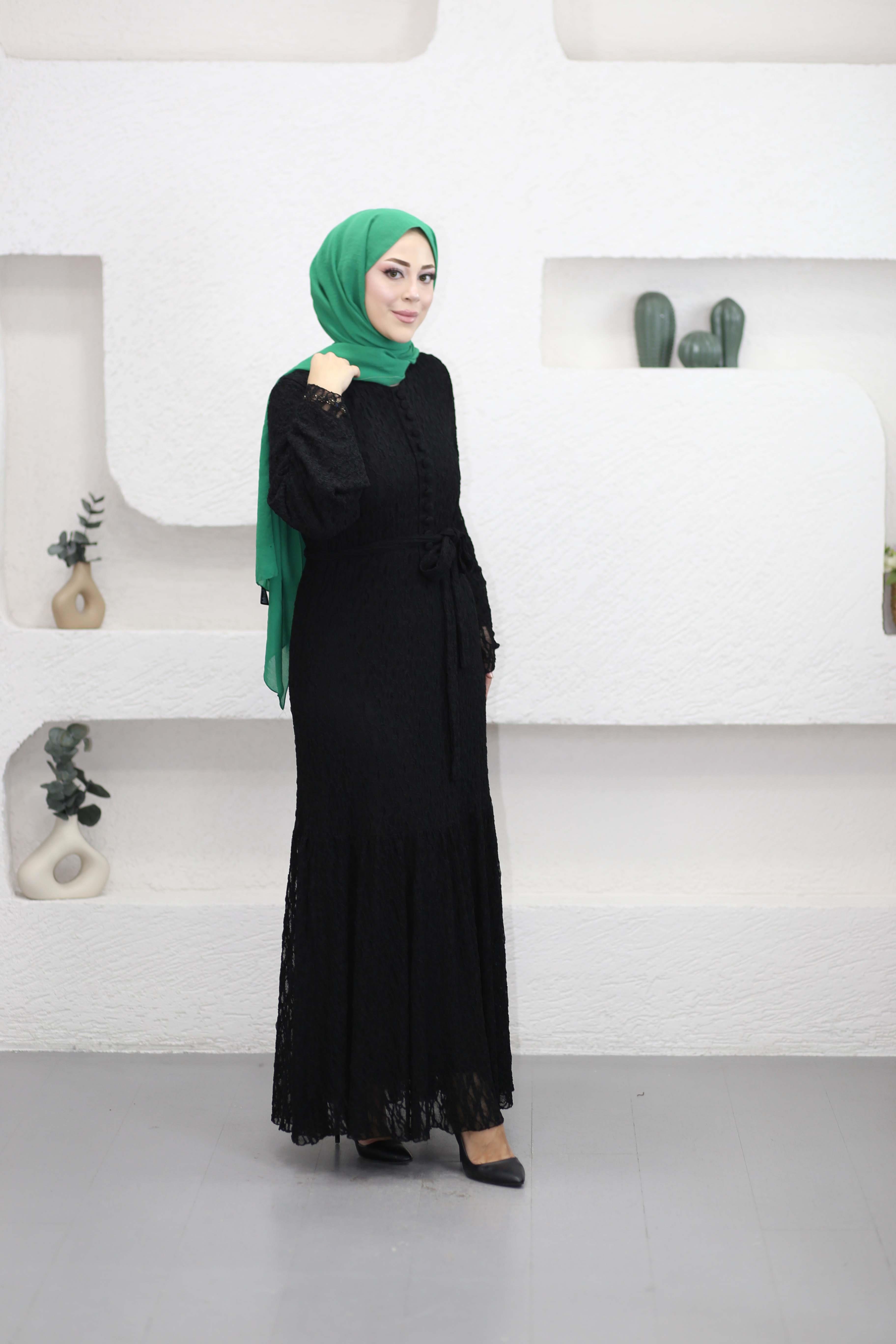 Düğmeli Likralı Dantel Elbise Siyah 51245
