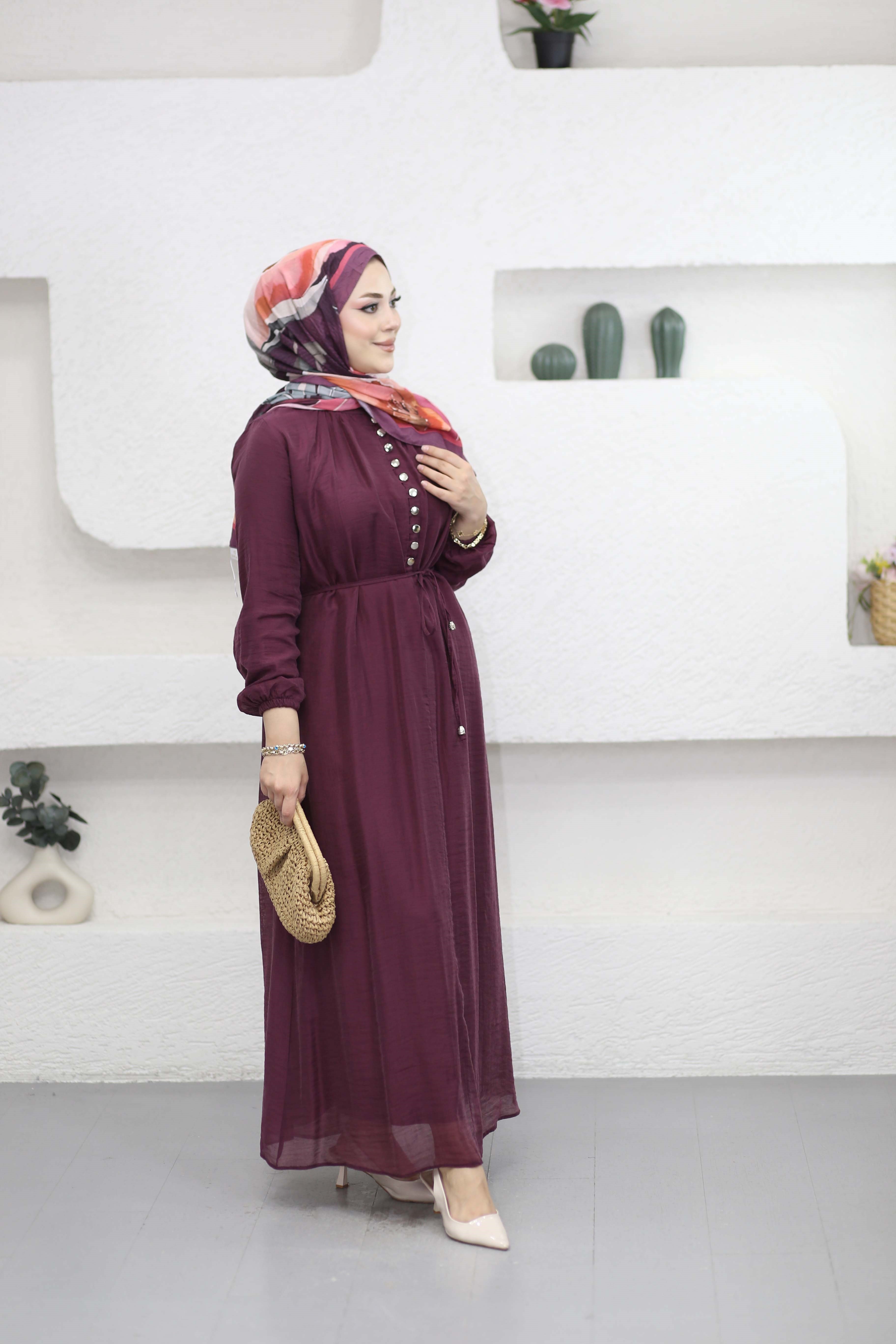 Yarı Düğmeli Elbise Mürdüm 5353