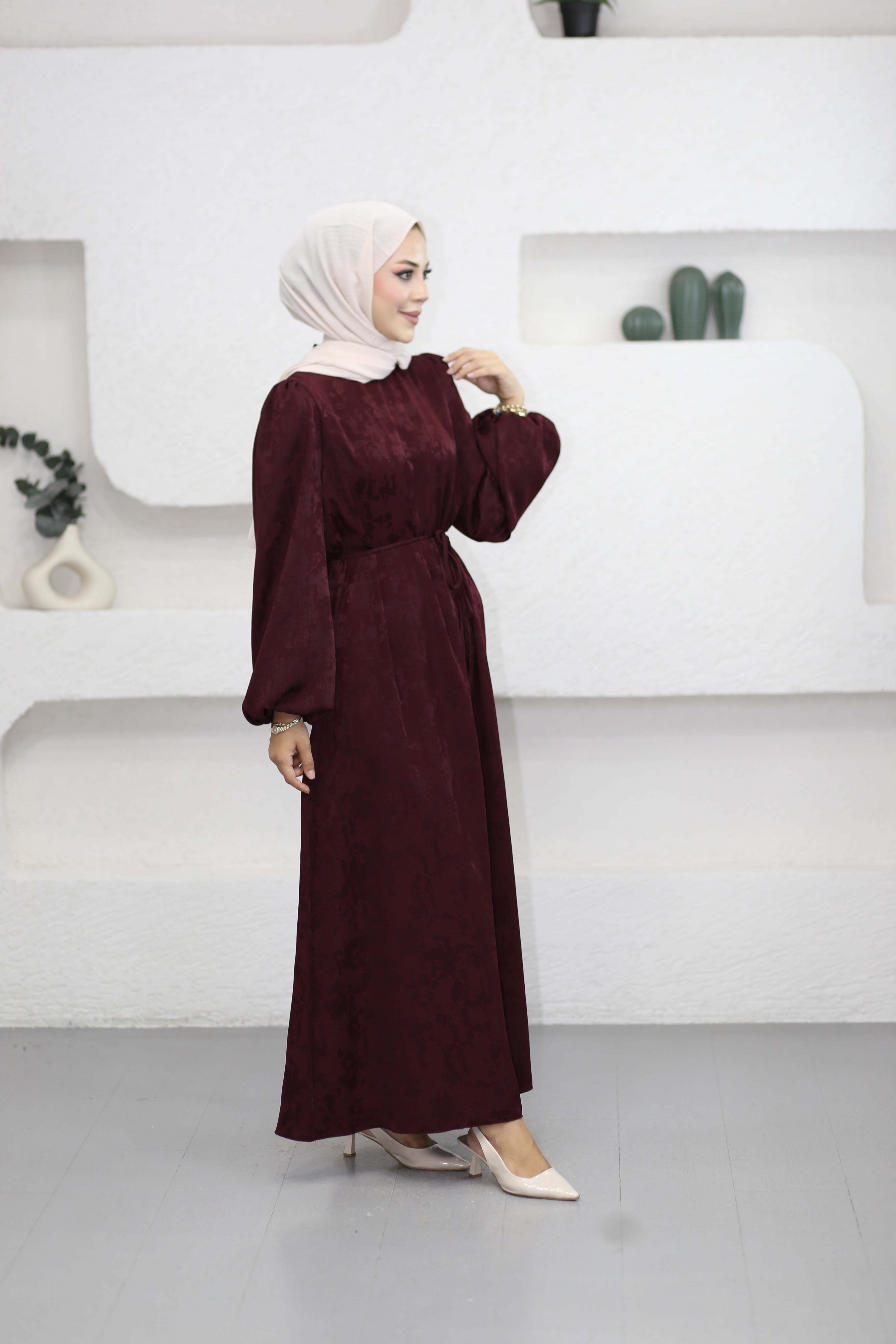 Balon Kol Kendinden Desenli Elbise Bordo 9848