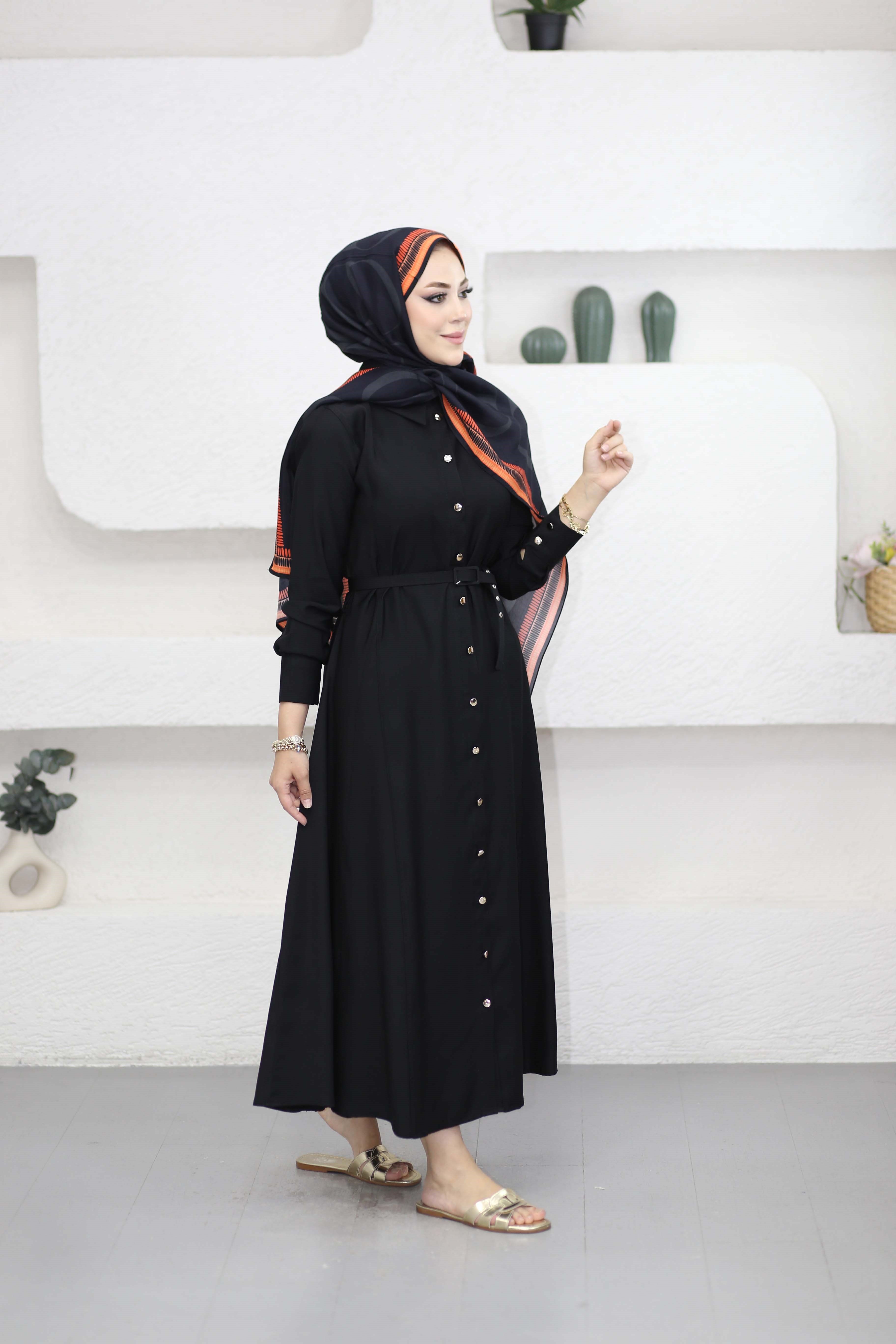 Düğmeli Tencel Gömlek Elbise Siyah 5499