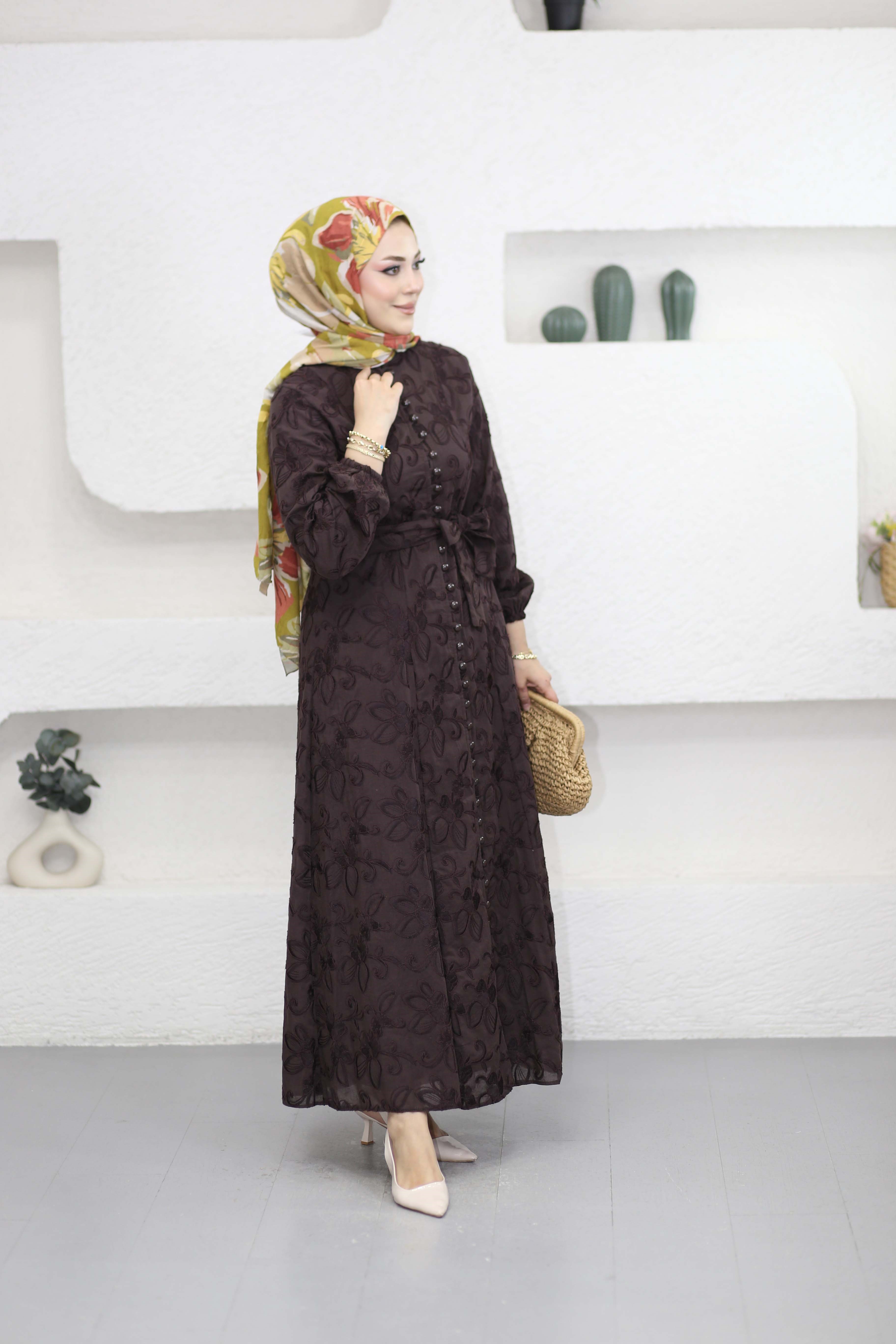 Desenli Asya Elbise Kahverengi 5345