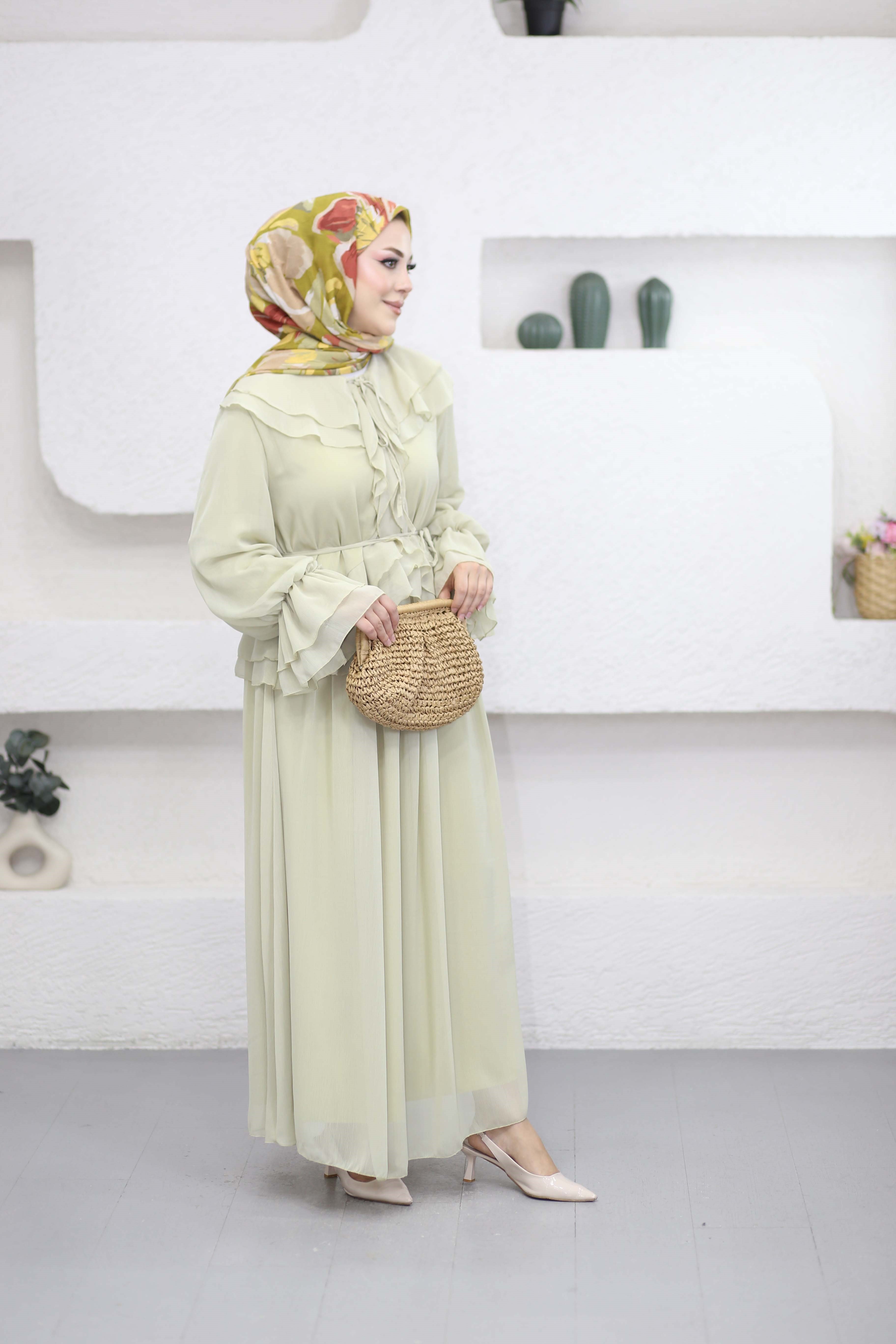 Volanlı Şifon Elbise Çağla Yeşili 8519