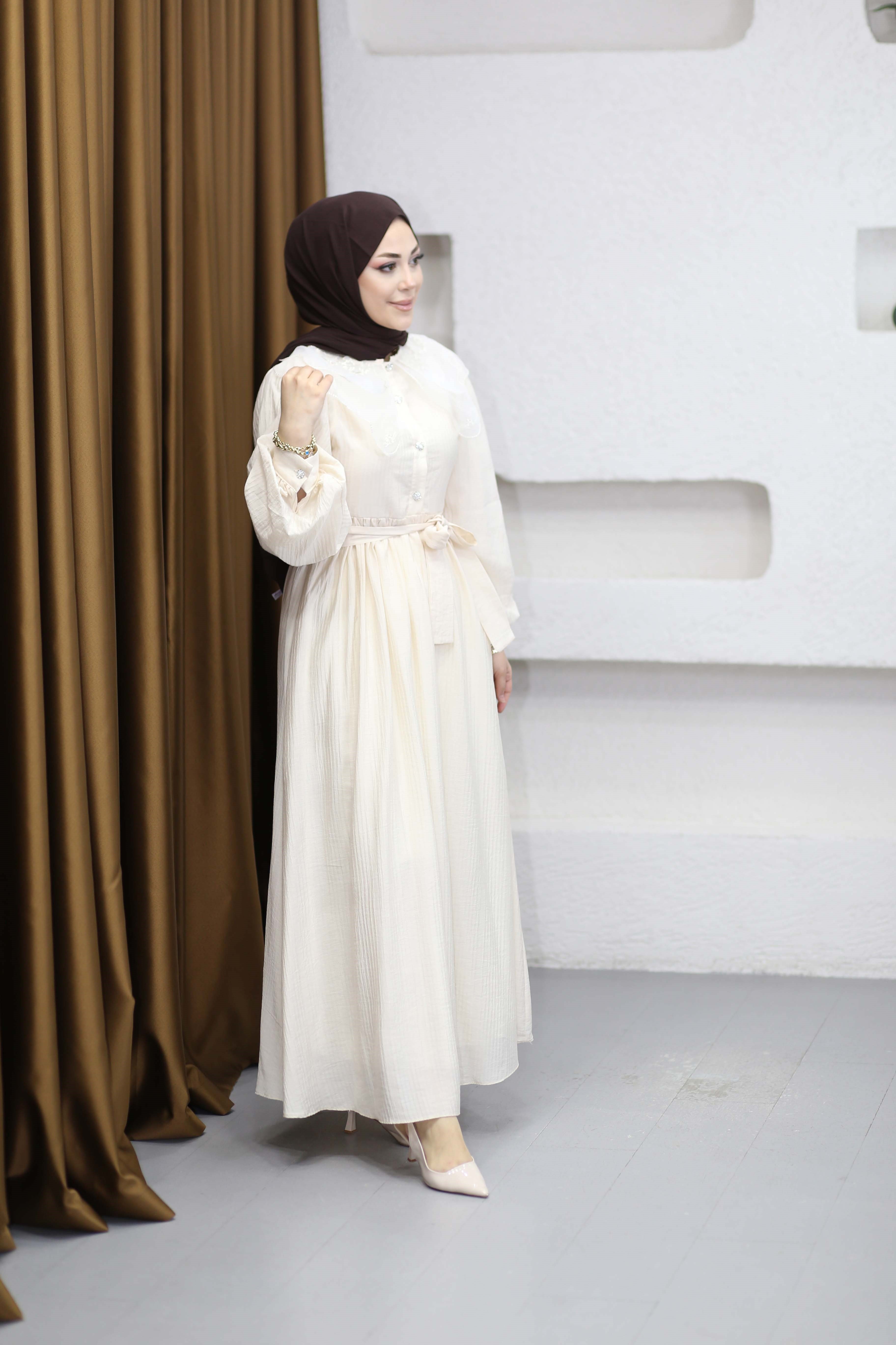 Tül Yaka Elbise Bej 265