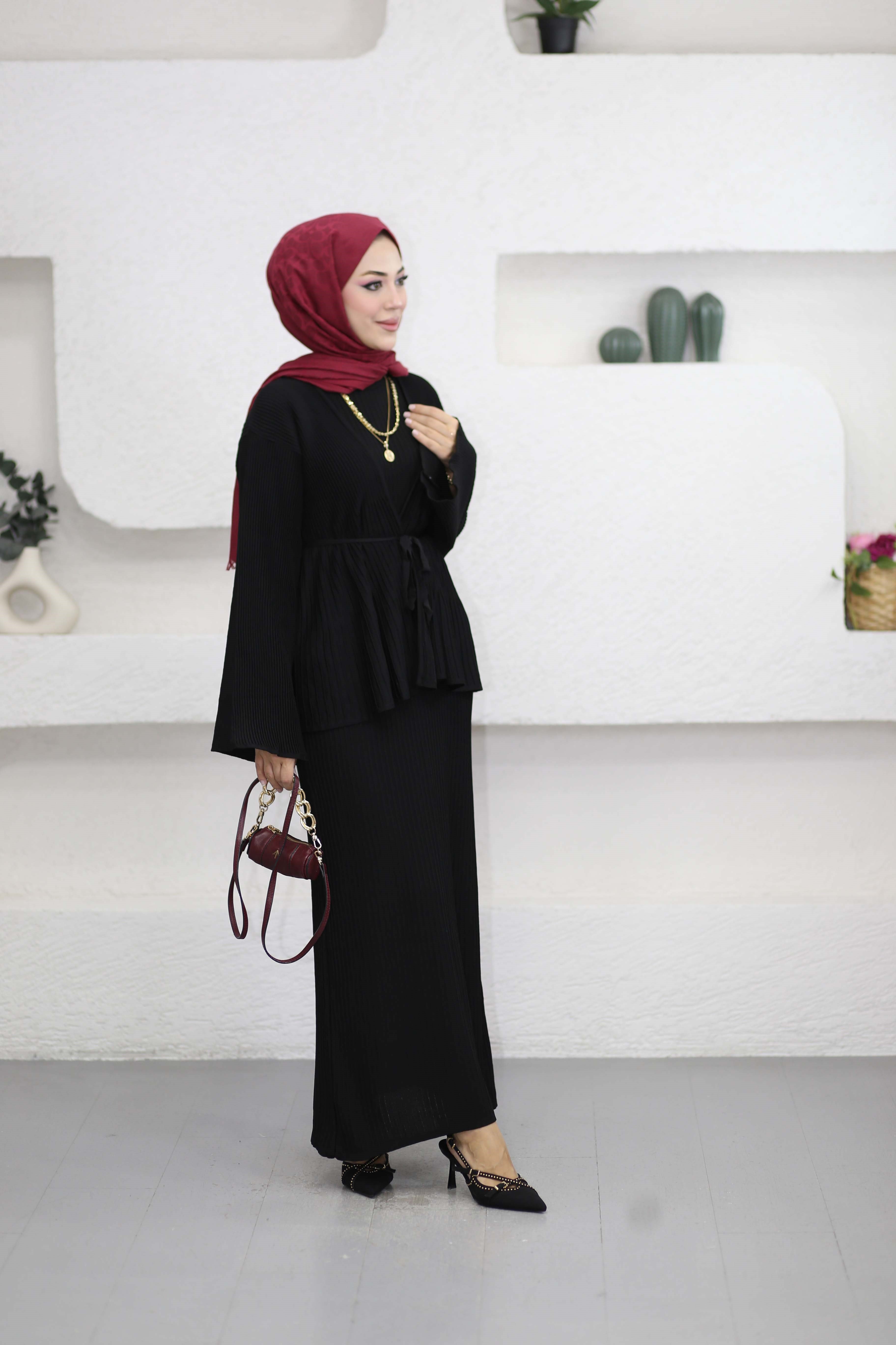 Hırkalı Fitilli Elbise Siyah 3012